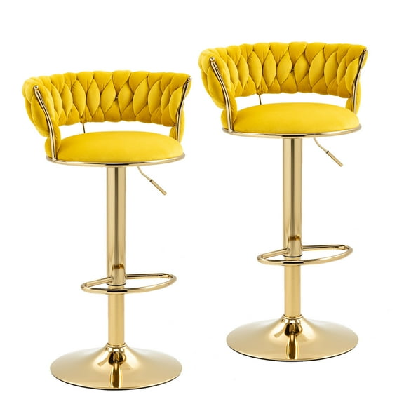 MOONMISS Bar Stools Set of 2, Adjustable Swivel Barstools, Velvet Counter Height Bar Chair with Back and Footrest for Kitchen Island Dining Room Café Pub,Yellow