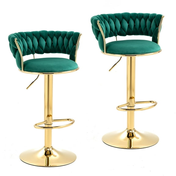 MOONMISS Bar Stools Set of 2, Adjustable Swivel Barstools, Velvet Counter Height Bar Chair with Back and Footrest for Kitchen Island Dining Room Café Pub,Green