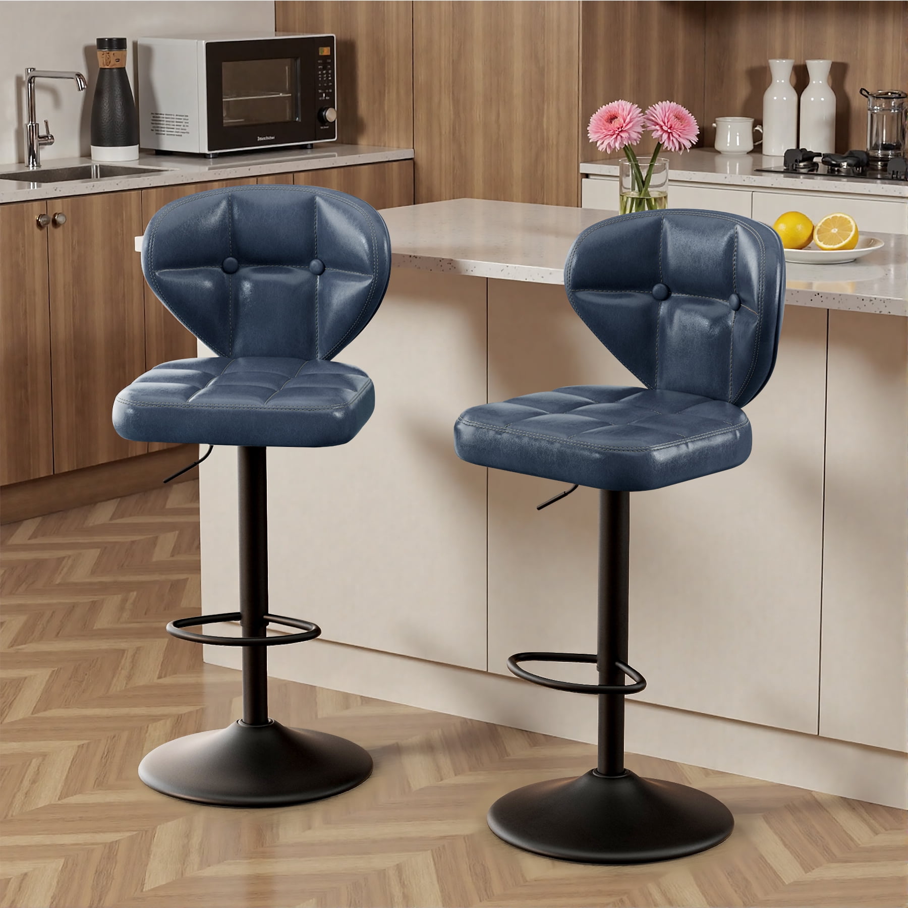 MOONMISS Bar Stools Set of 2, Modern Swivel Bar Chairs with Mid Back and Adjustable Seat Height,Blue