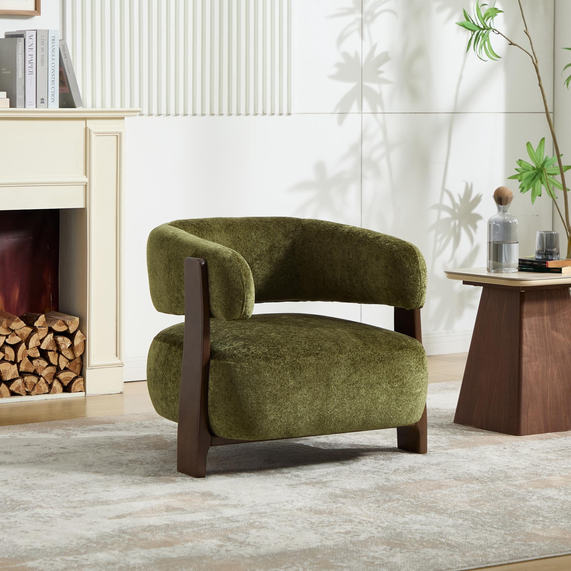 MOONMISS Boucle Accent Chair with Solid Wood Frame, Curved Arm Barrel Chair for Living Room, Bedroom & Office,Green