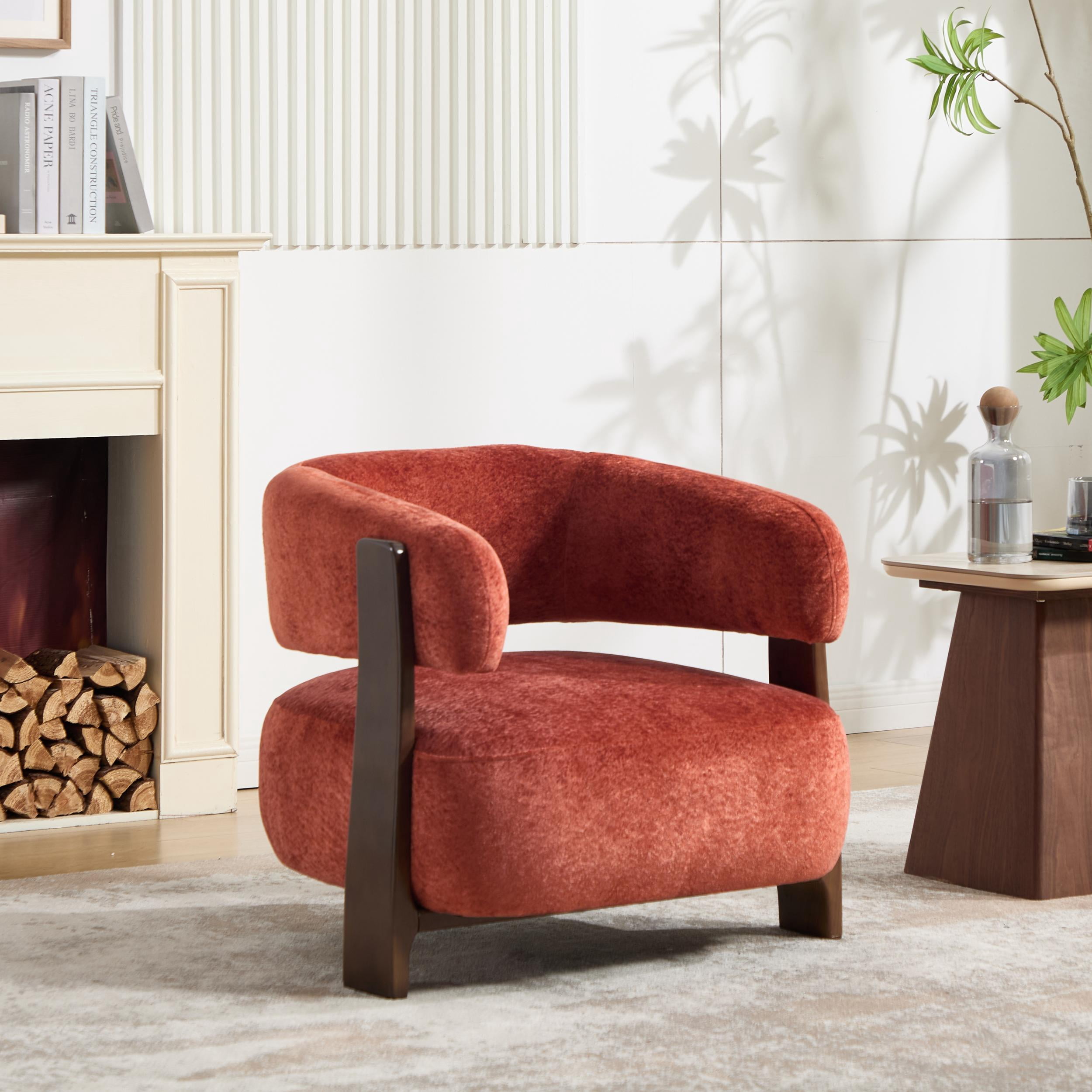 MOONMISS Boucle Accent Chair with Solid Wood Frame, Curved Arm Barrel Chair for Living Room, Bedroom & Office,Red