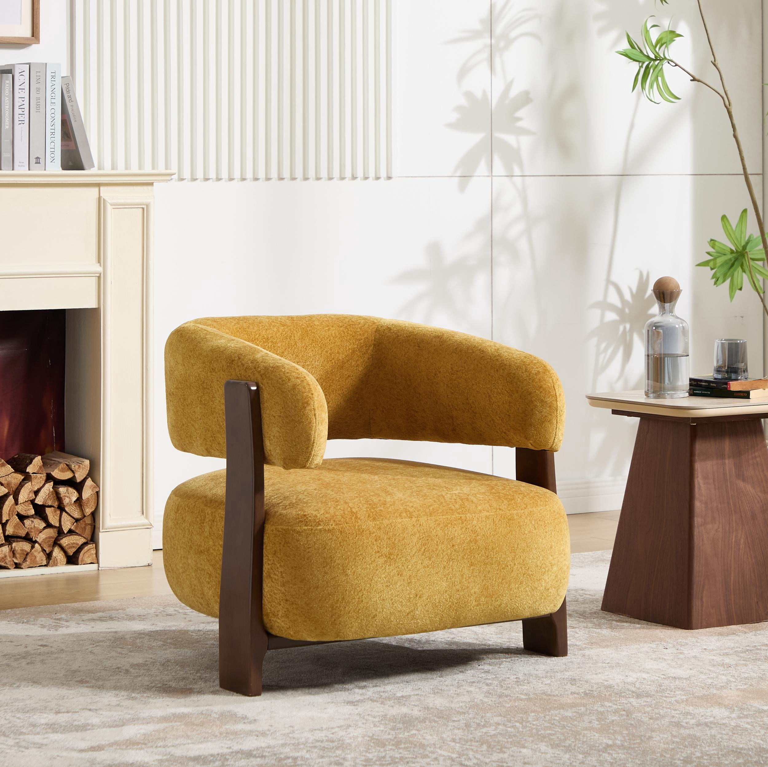 MOONMISS Boucle Accent Chair with Solid Wood Frame, Curved Arm Barrel Chair for Living Room, Bedroom & Office,Yellow