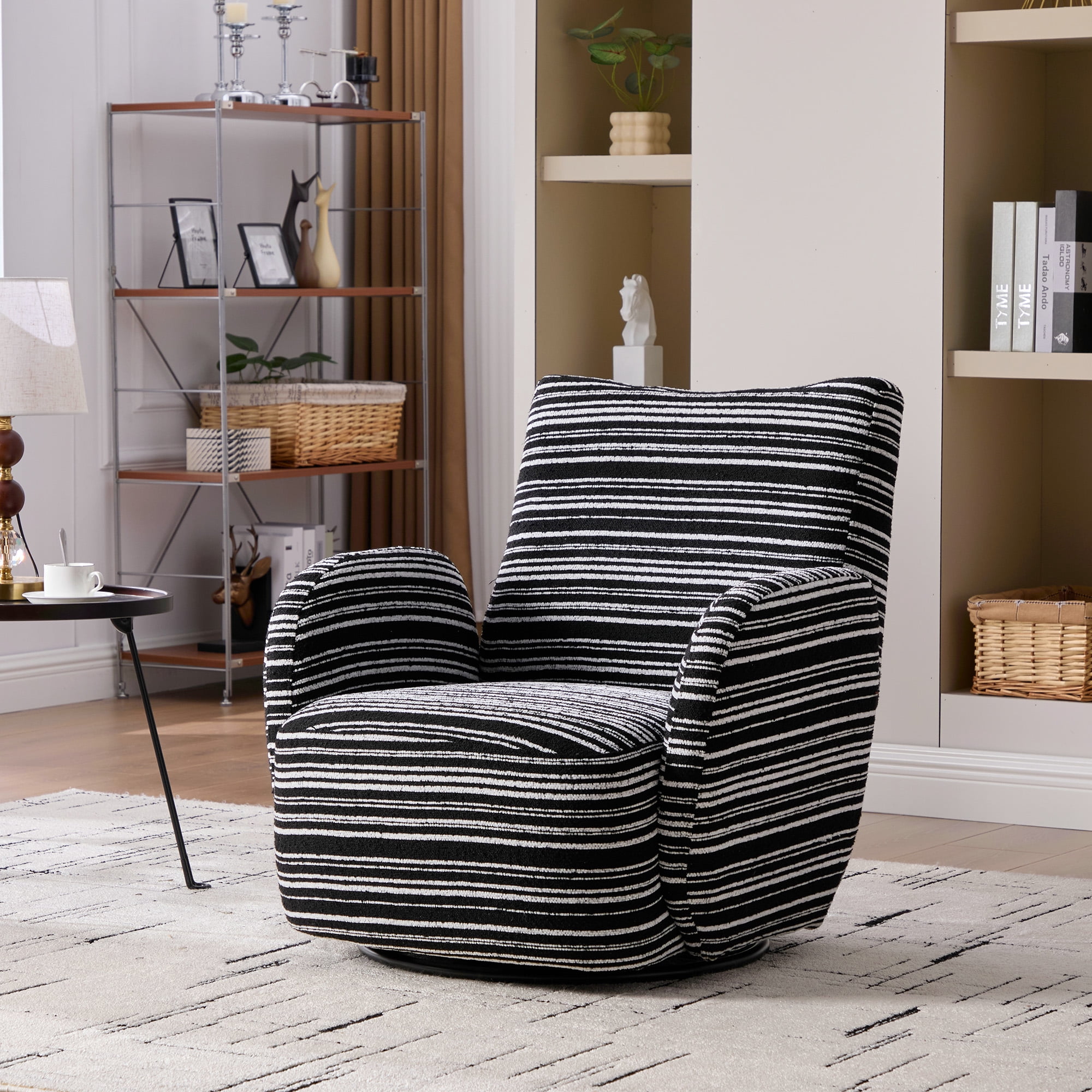 MOONMISS Boucle Upholstered 360°Swivel Fabric Striped Armrest Leisure Chair for Living room-Black