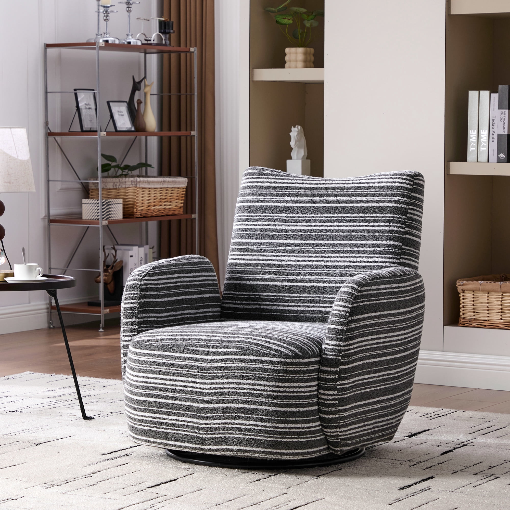 MOONMISS Boucle Upholstered 360°Swivel Fabric Striped Armrest Leisure Chair for Living room-Dark Gray