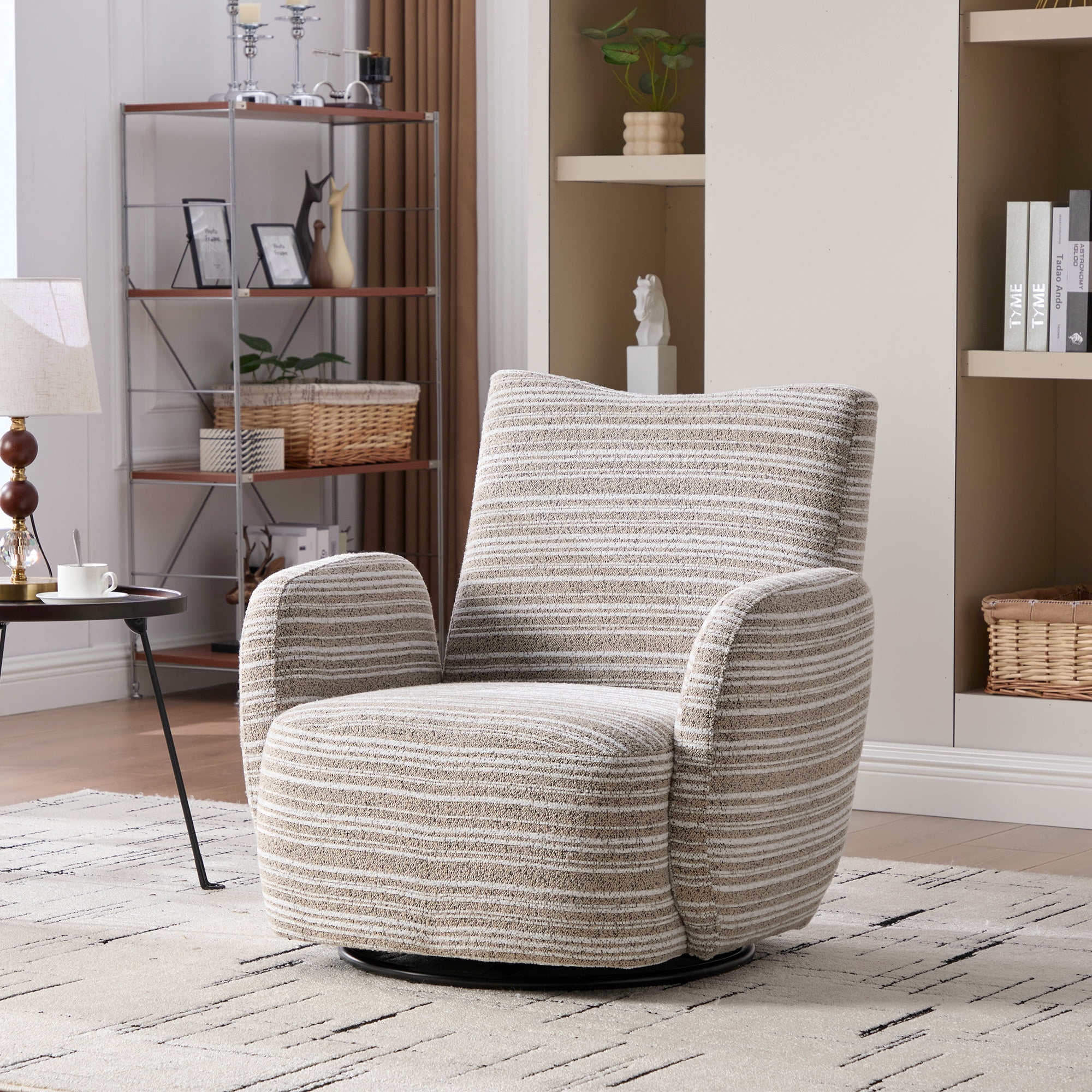 MOONMISS Boucle Upholstered 360°Swivel Fabric Striped Armrest Leisure Chair for Living room-Khaki
