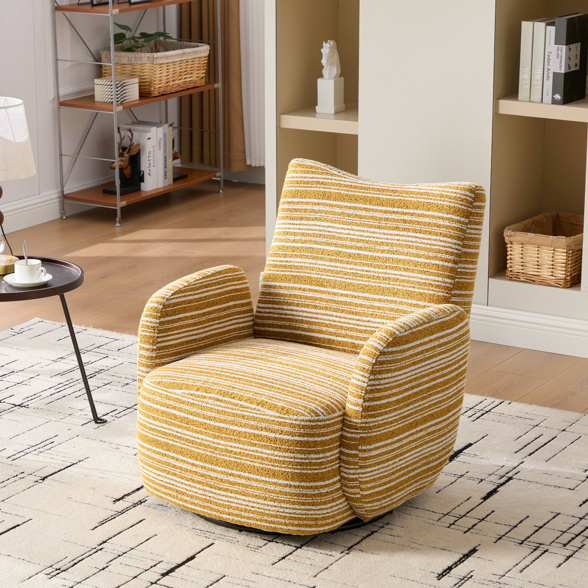 MOONMISS Boucle Upholstered 360°Swivel Fabric Striped Armrest Leisure Chair for Living room-Yellow