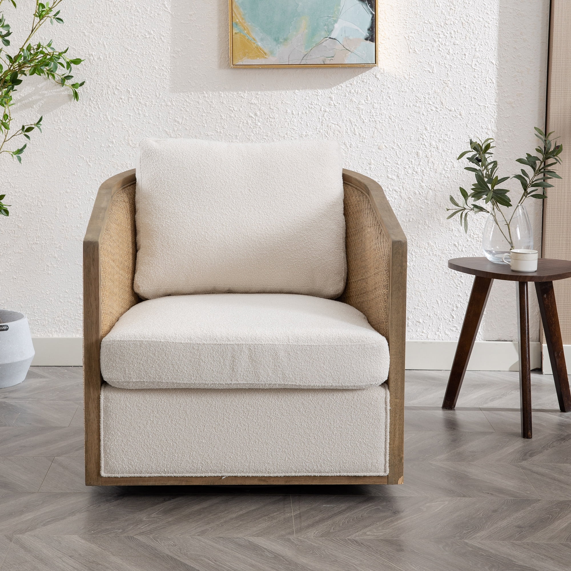 MOONMISS Boucle Upholstered 360°Swivel Hardwood and Rattan Frame Round Barrel Chair-Beige