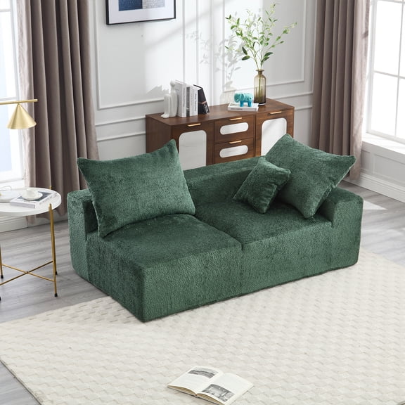 MOONMISS Boucle Upholstered Deep Seat Modern 2-Seater Lazy Leisure Sofa with 3 Pillows-Emerald