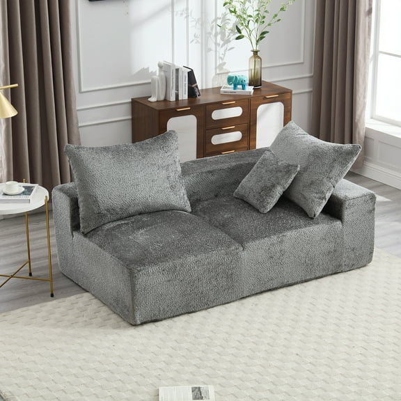 MOONMISS Boucle Upholstered Deep Seat Modern 2-Seater Lazy Leisure Sofa with 3 Pillows-Gray