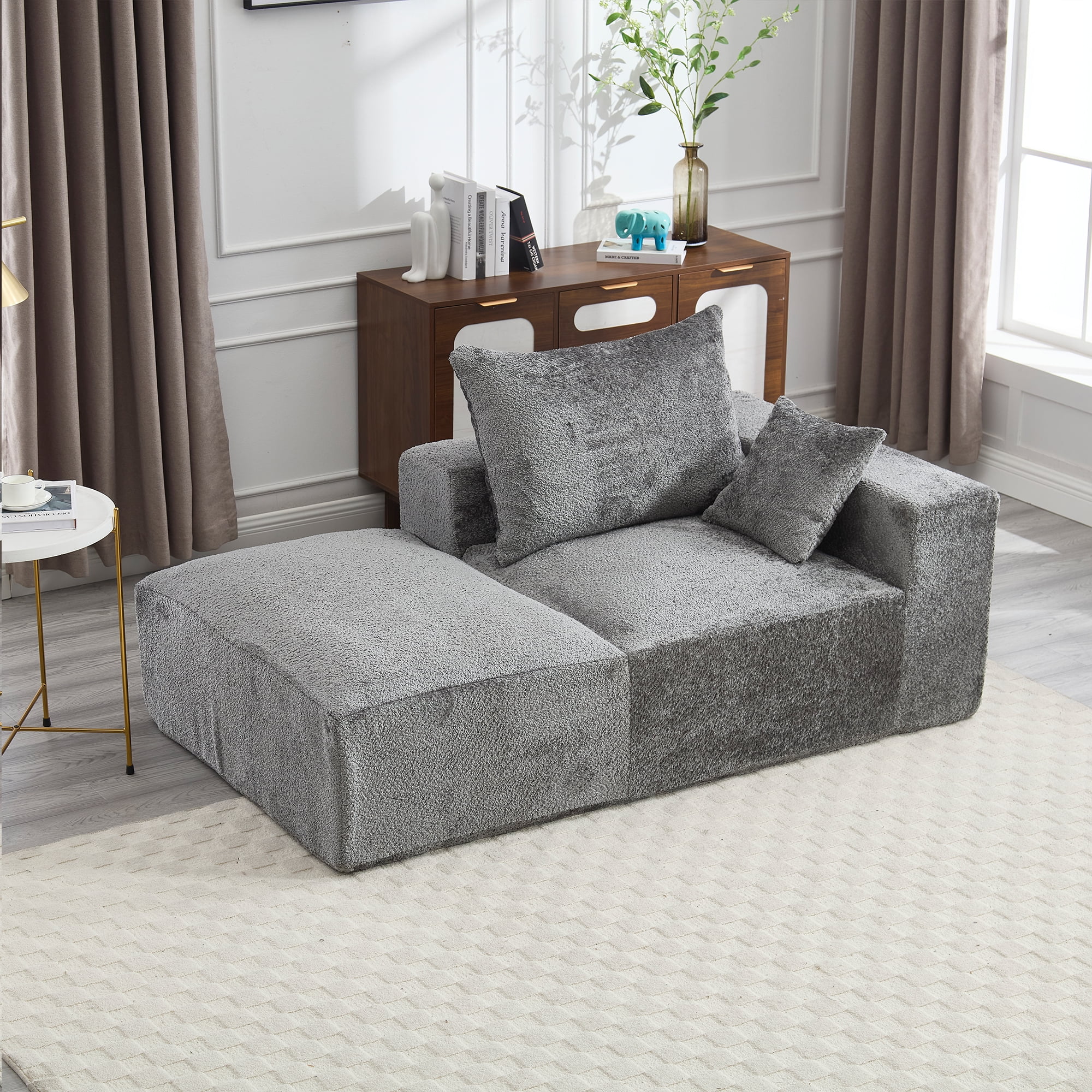 MOONMISS Boucle Upholstered Free Combination of Flexible 2-Seater Lazy Leisure Sofa with 2 Pillows-Gray