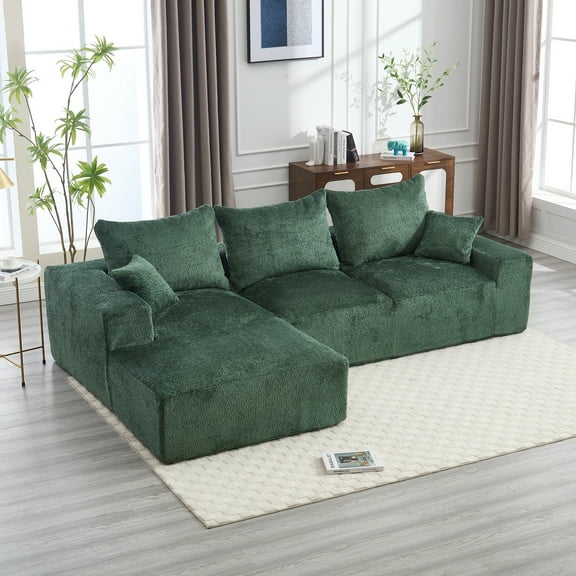 MOONMISS Boucle Upholstered L-shaped Intimate Comfort Deep Seat Modern Sofa with 5 Pillows-Emerald