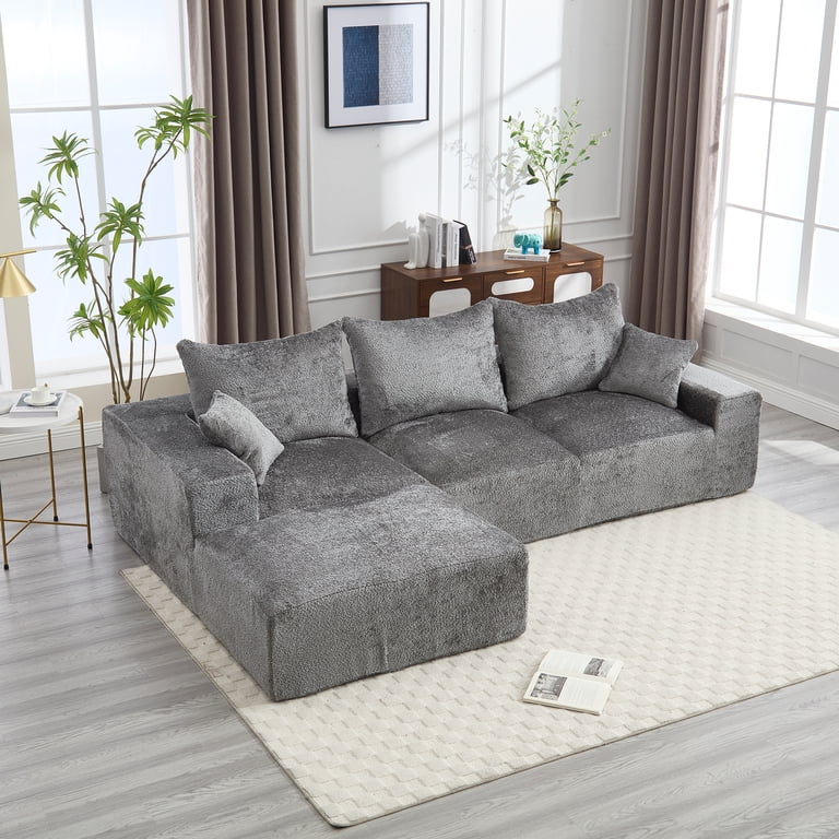 MOONMISS Boucle Upholstered L-shaped Intimate Comfort Deep Seat Modern Sofa with 5 Pillows-Gray