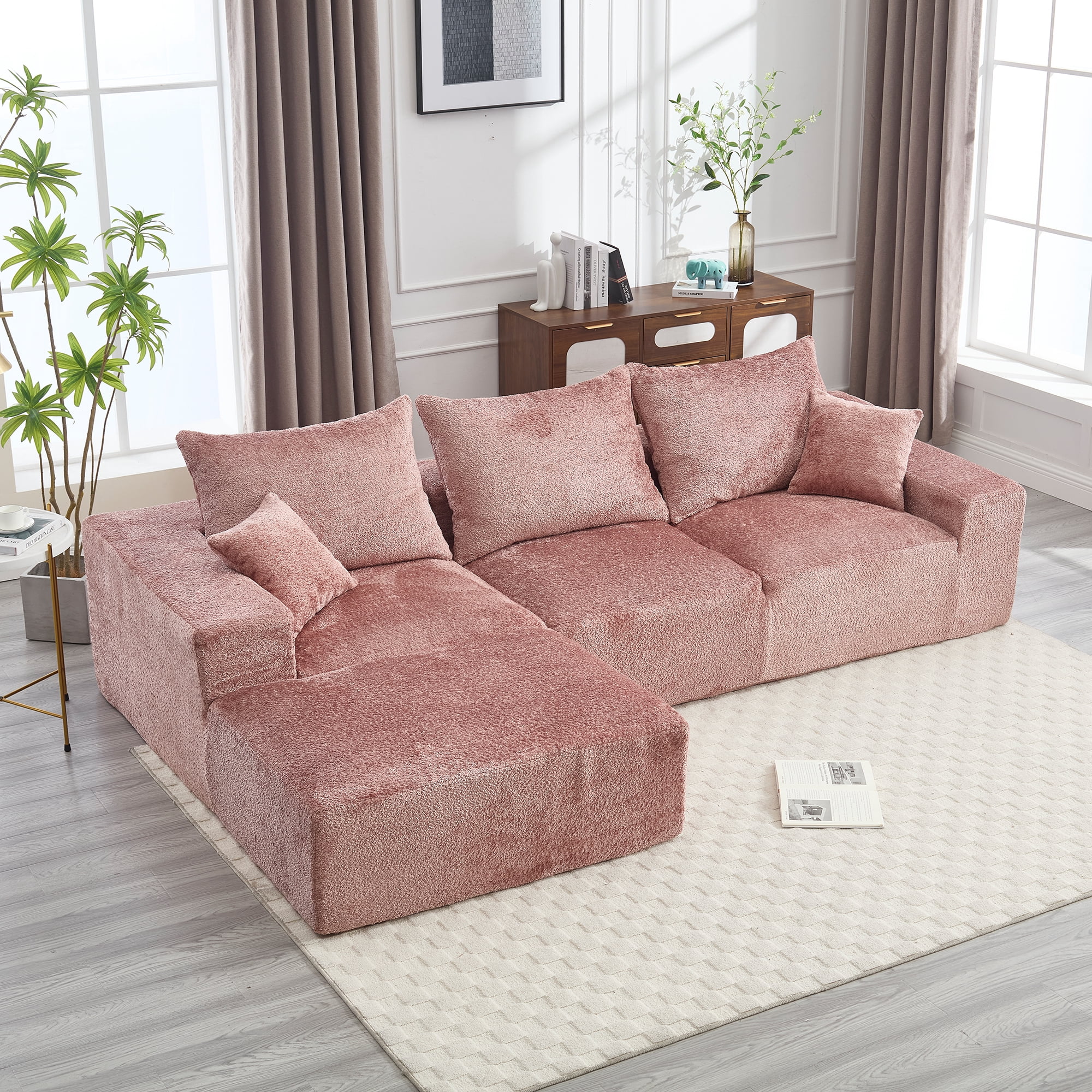 MOONMISS Boucle Upholstered L-shaped Intimate Comfort Deep Seat Modern Sofa with 5 Pillows-Pink