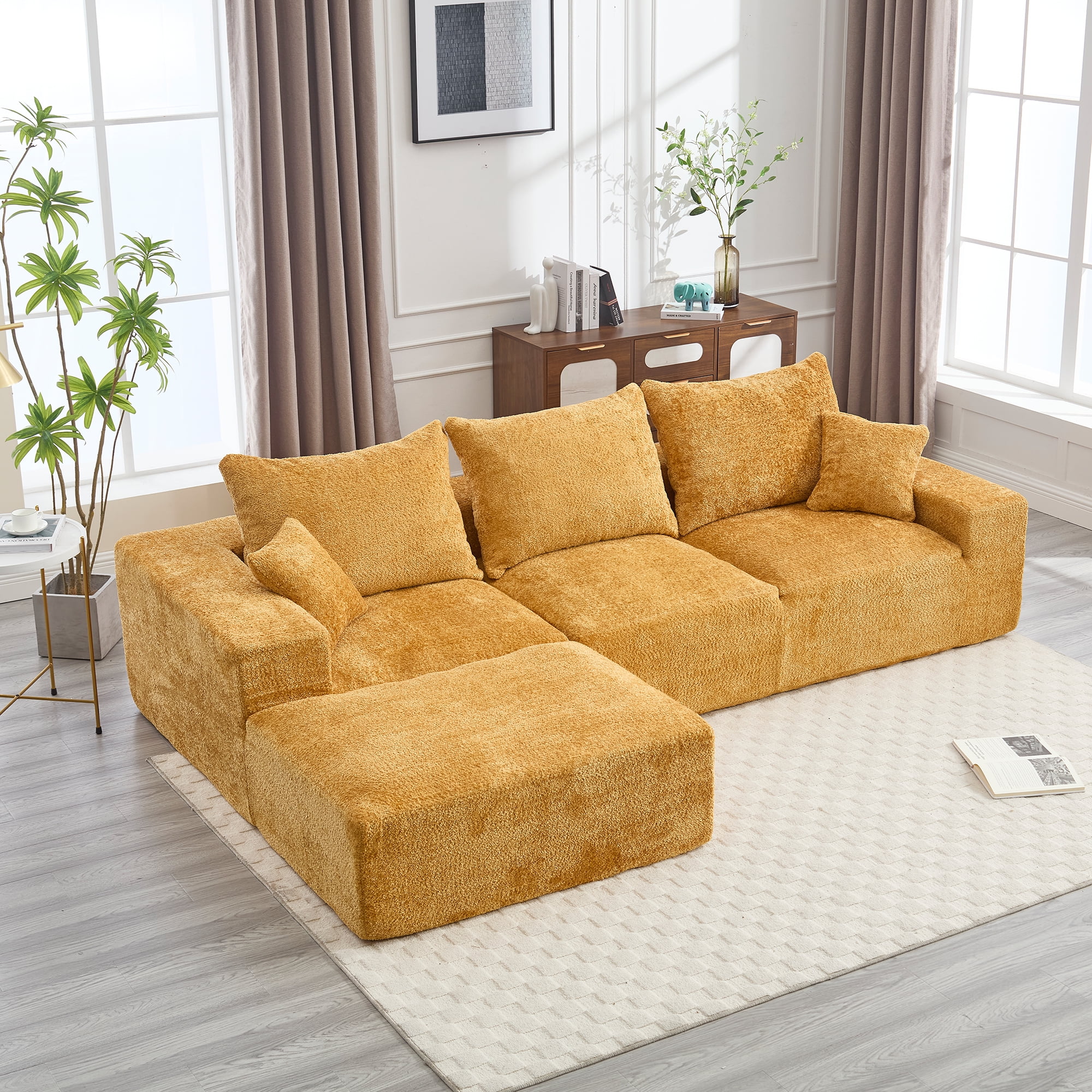 MOONMISS Boucle Upholstered L-shaped Intimate Comfort Deep Seat Modern Sofa with 5 Pillows-Yellow