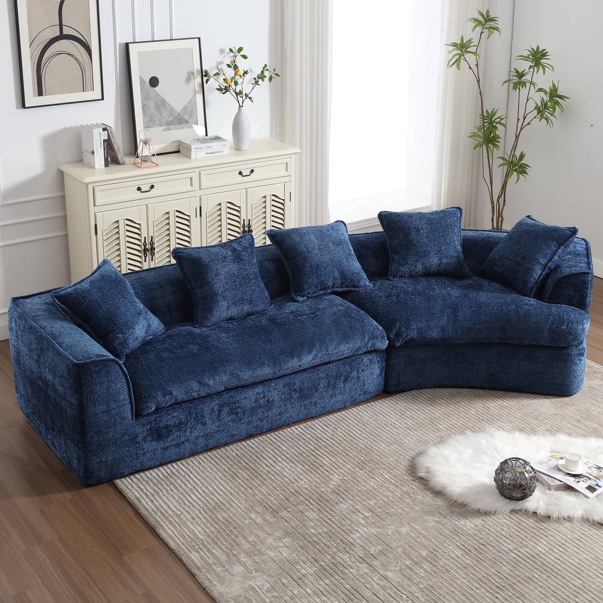 Moonmiss Boucle Upholstered Oversized 3 Seater Comfy Sofa with Unique Double Seat and Corner Construction Navy Blue