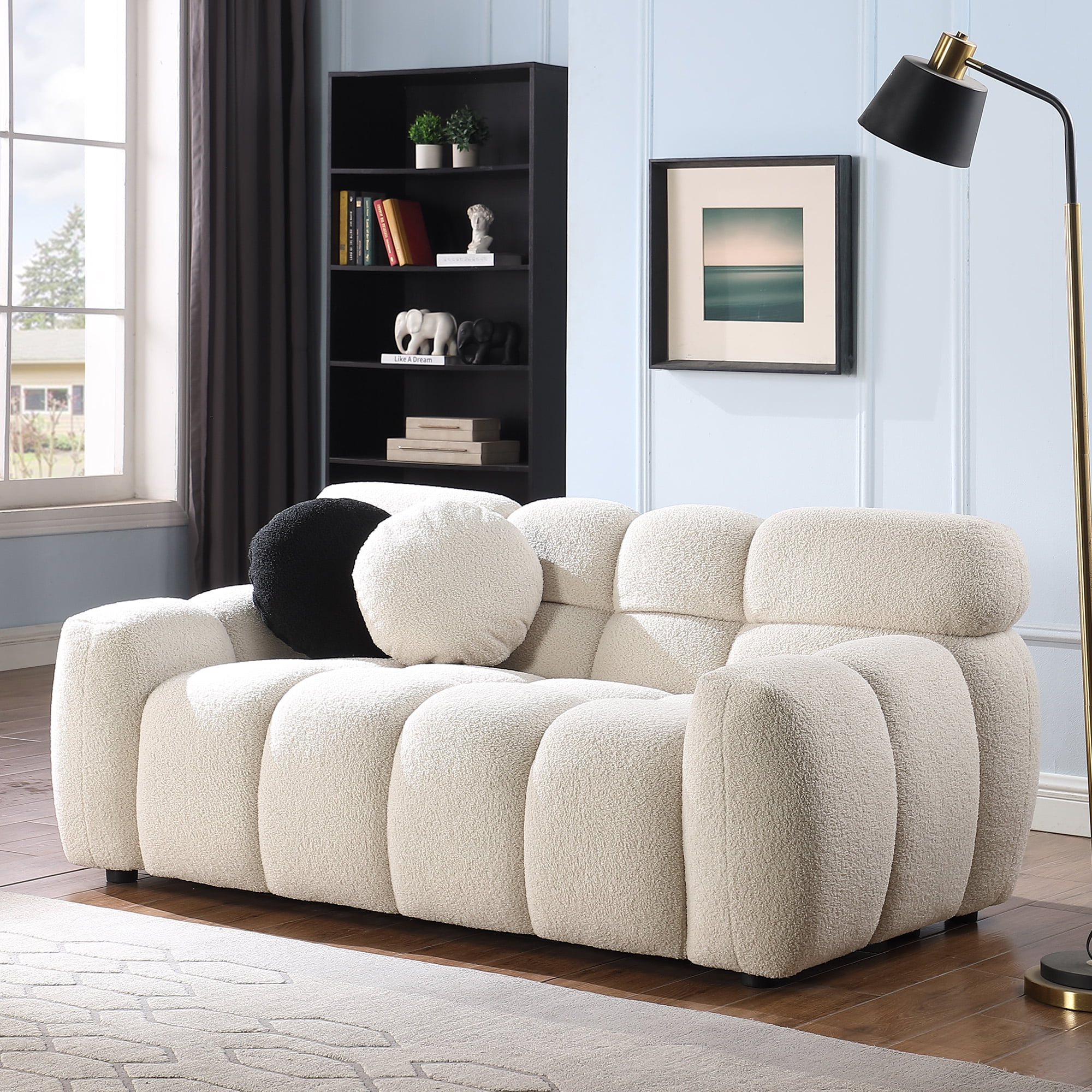 MOONMISS Boucle Upholstered Tufted Wood Frame Marshmallow Loveseat Sofa with 2 Pillows for Living Room-Beige