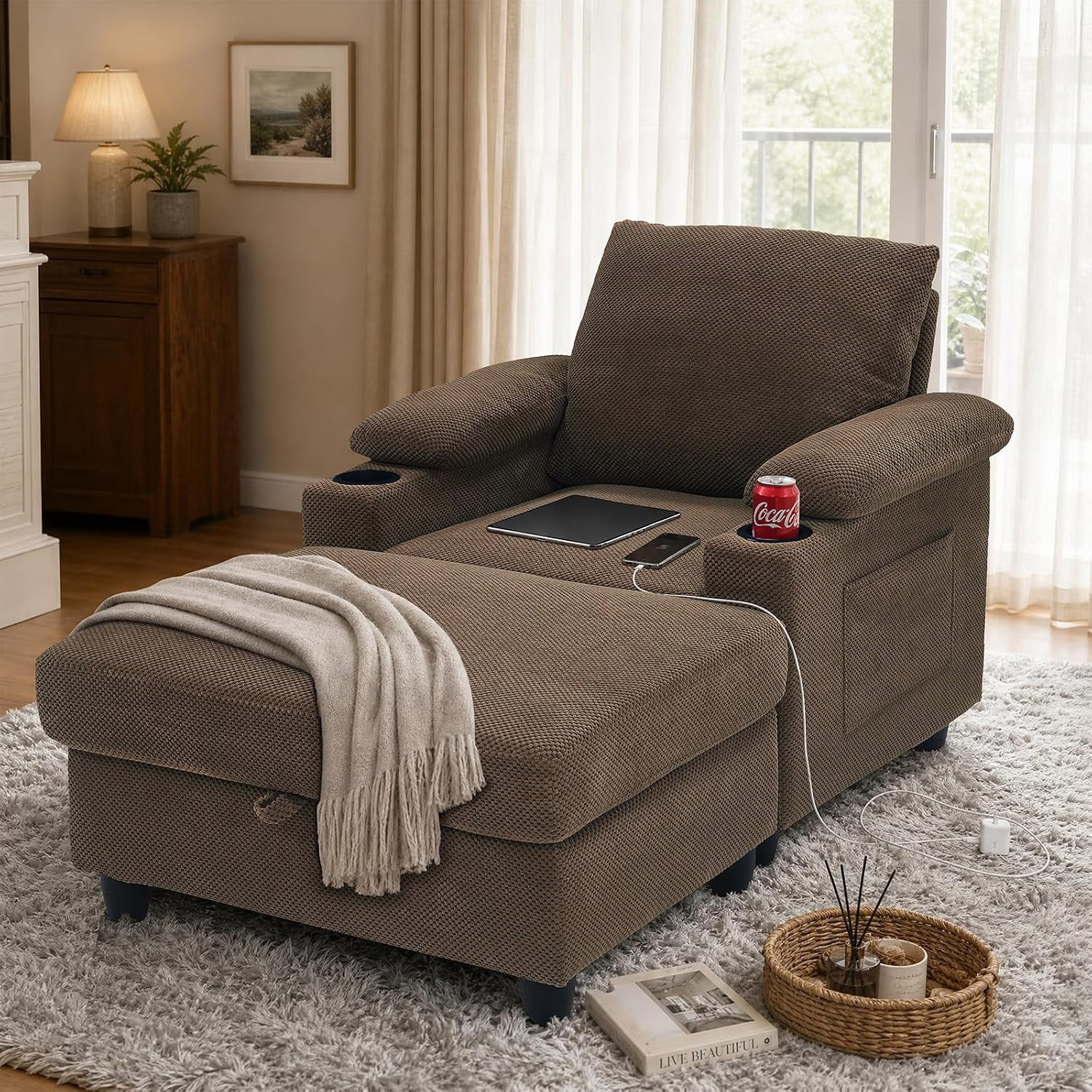 MOONMISS Chaise Lounge Chair Indoor, Convertible Recliner Reading Sofa Chair, Coffee | Cup Holders, USB Port, Adjustable Backrest, Storage Ottoman for Living Room,Home Theater & Bedroom,Coffee