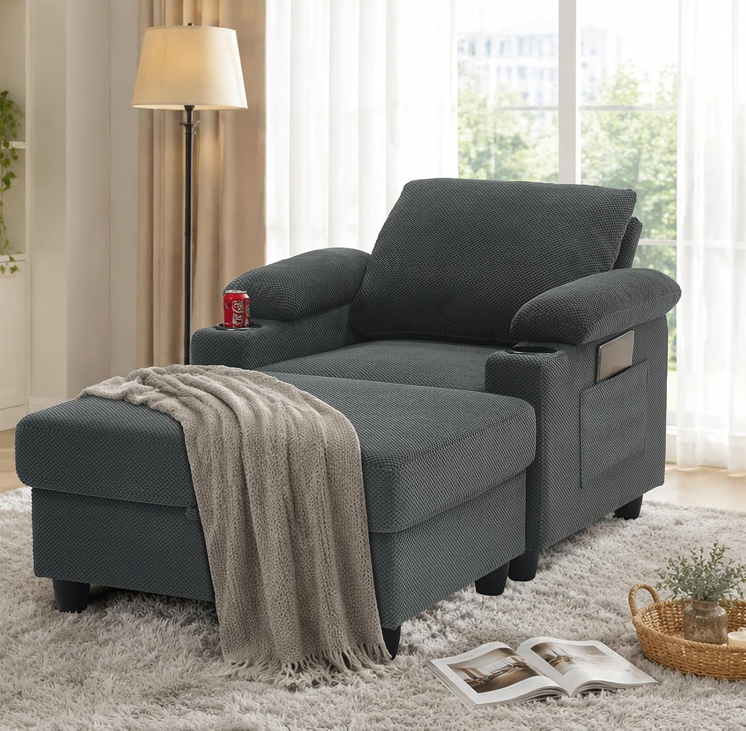 MOONMISS Chaise Lounge Chair Indoor, Convertible Recliner Reading Sofa Chair, Coffee | Cup Holders, USB Port, Adjustable Backrest, Storage Ottoman for Living Room,Home Theater & Bedroom,Dark Gray