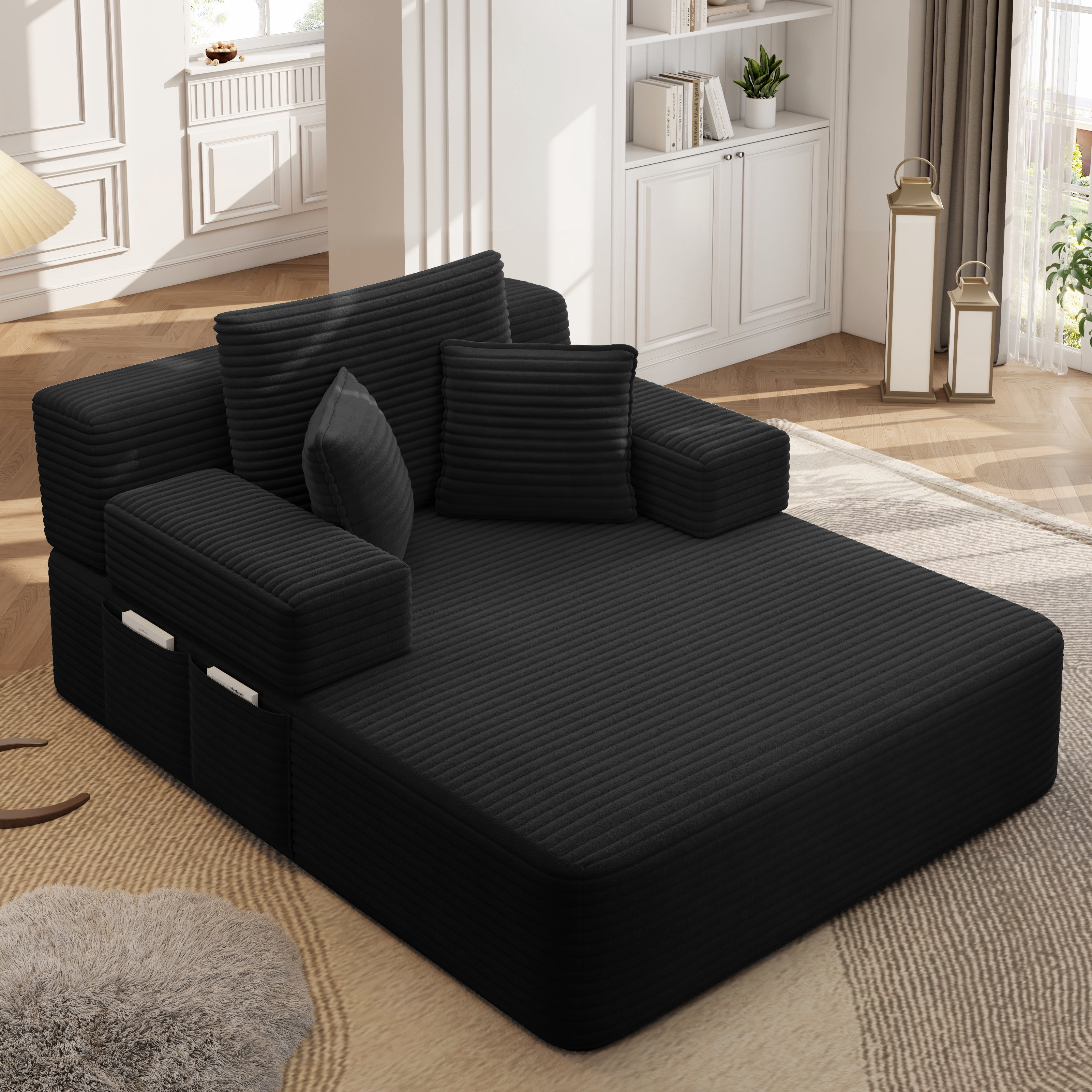 MOONMISS Chaise Lounge Chair Indoor, Corduroy Boneless Sofa Bed, Deep Seat Sleeper Couch Reading Chairs, Cloud Sofas Couches for Living Room, No Assembly Required,Black