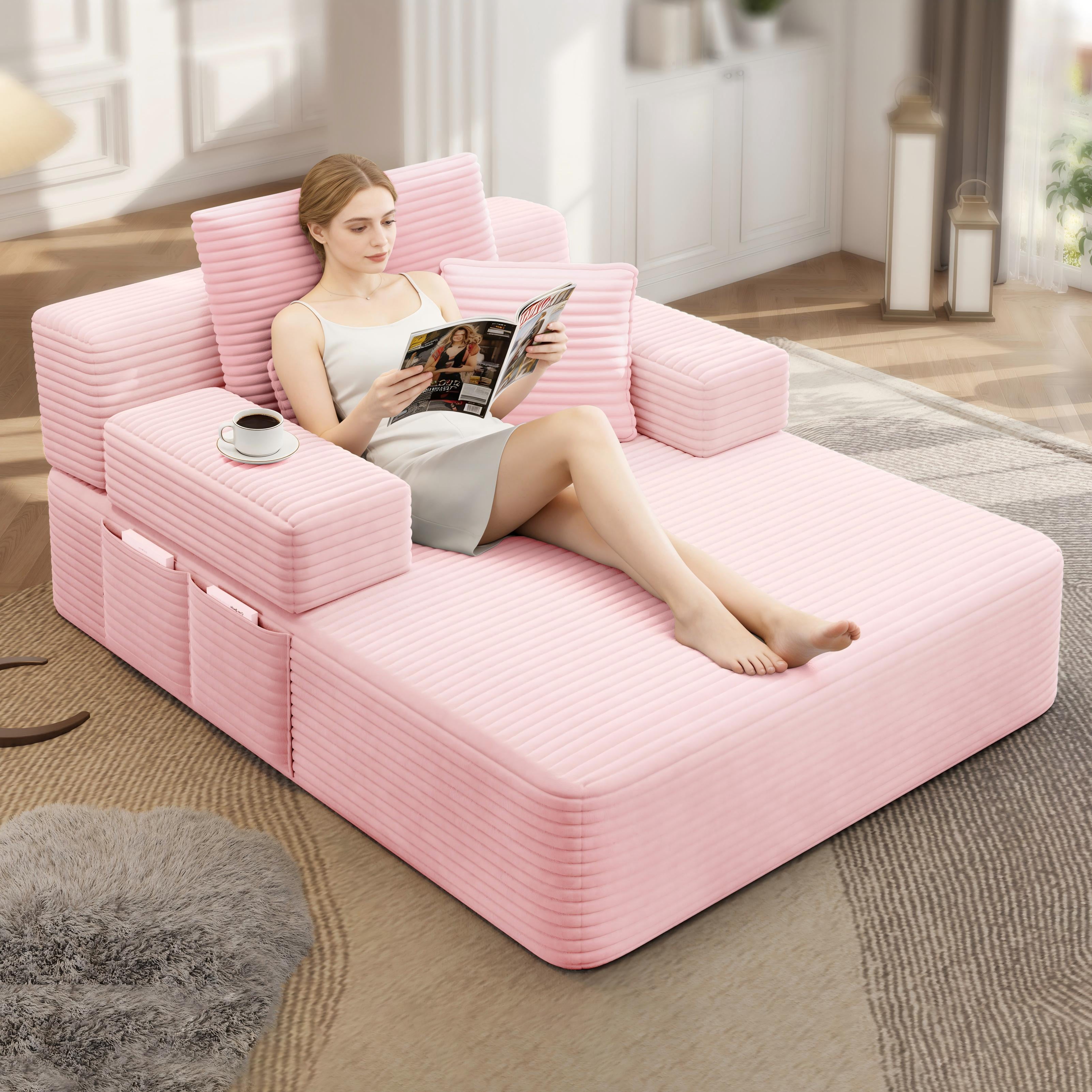MOONMISS Chaise Lounge Chair Indoor, Corduroy Boneless Sofa Bed, Deep Seat Sleeper Couch Reading Chairs, Cloud Sofas Couches for Living Room, No Assembly Required,Pink