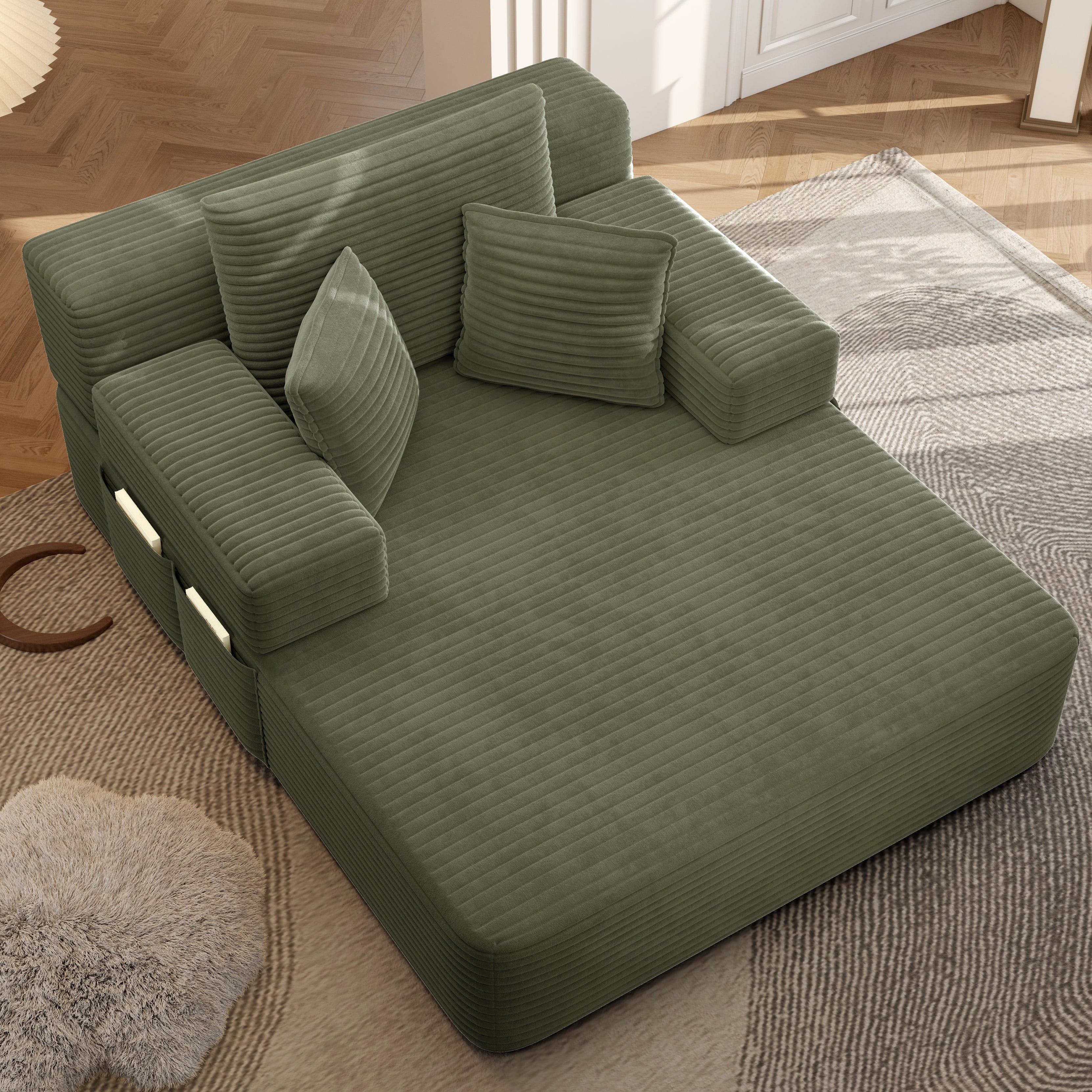 MOONMISS Chaise Lounge Chair Indoor, Corduroy Boneless Sofa Bed, Deep Seat Sleeper Couch Reading Chairs, Cloud Sofas Couches for Living Room, No Assembly Required,Green