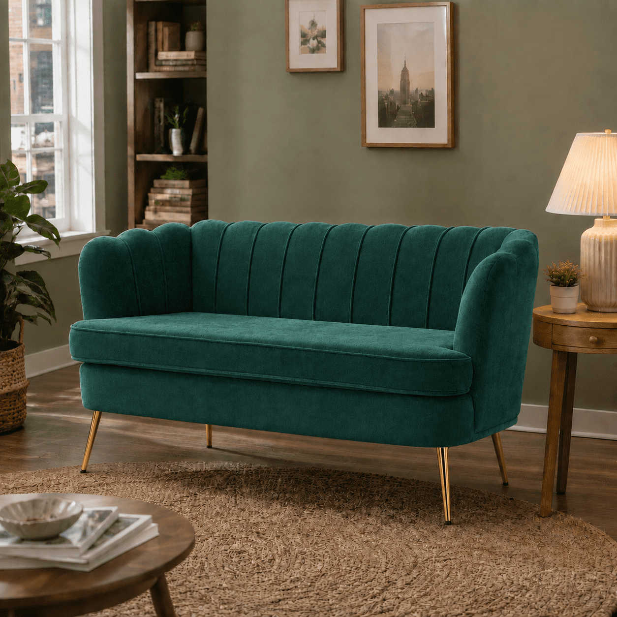 MOONMISS Chenille 2-Seater Loveseat with Gold Legs,Scallop-Tufted Curved-Back Sofa for the Living Room or Bedroom,Emerald