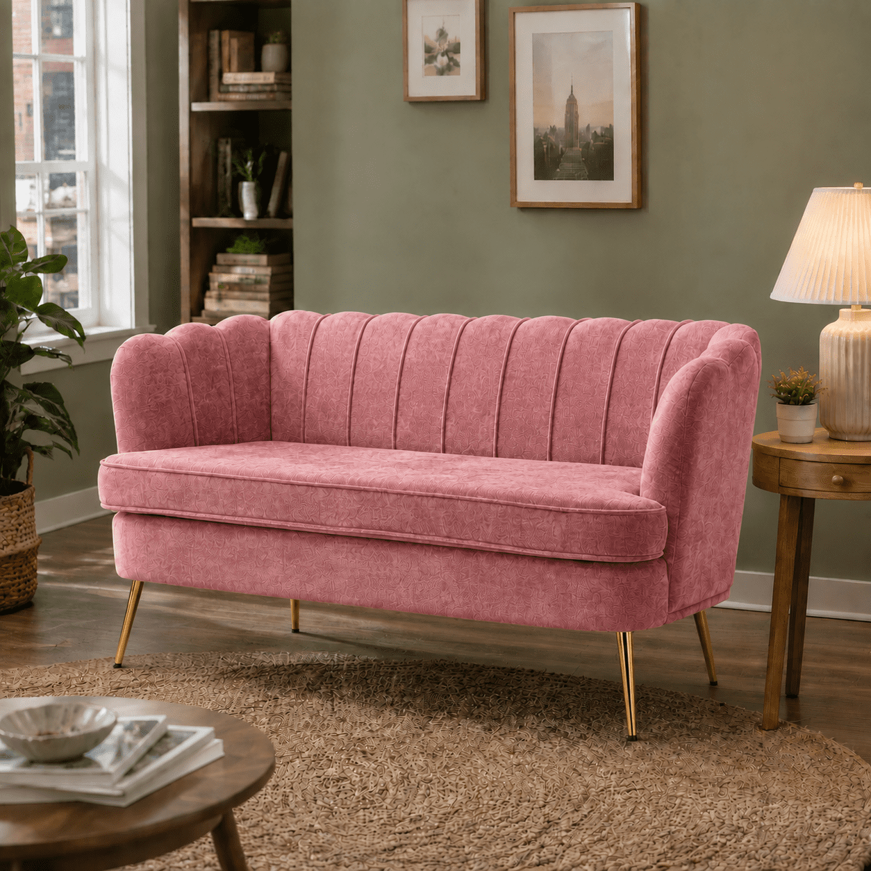 MOONMISS Chenille 2-Seater Loveseat with Gold Legs,Scallop-Tufted Curved-Back Sofa for the Living Room or Bedroom,Pink