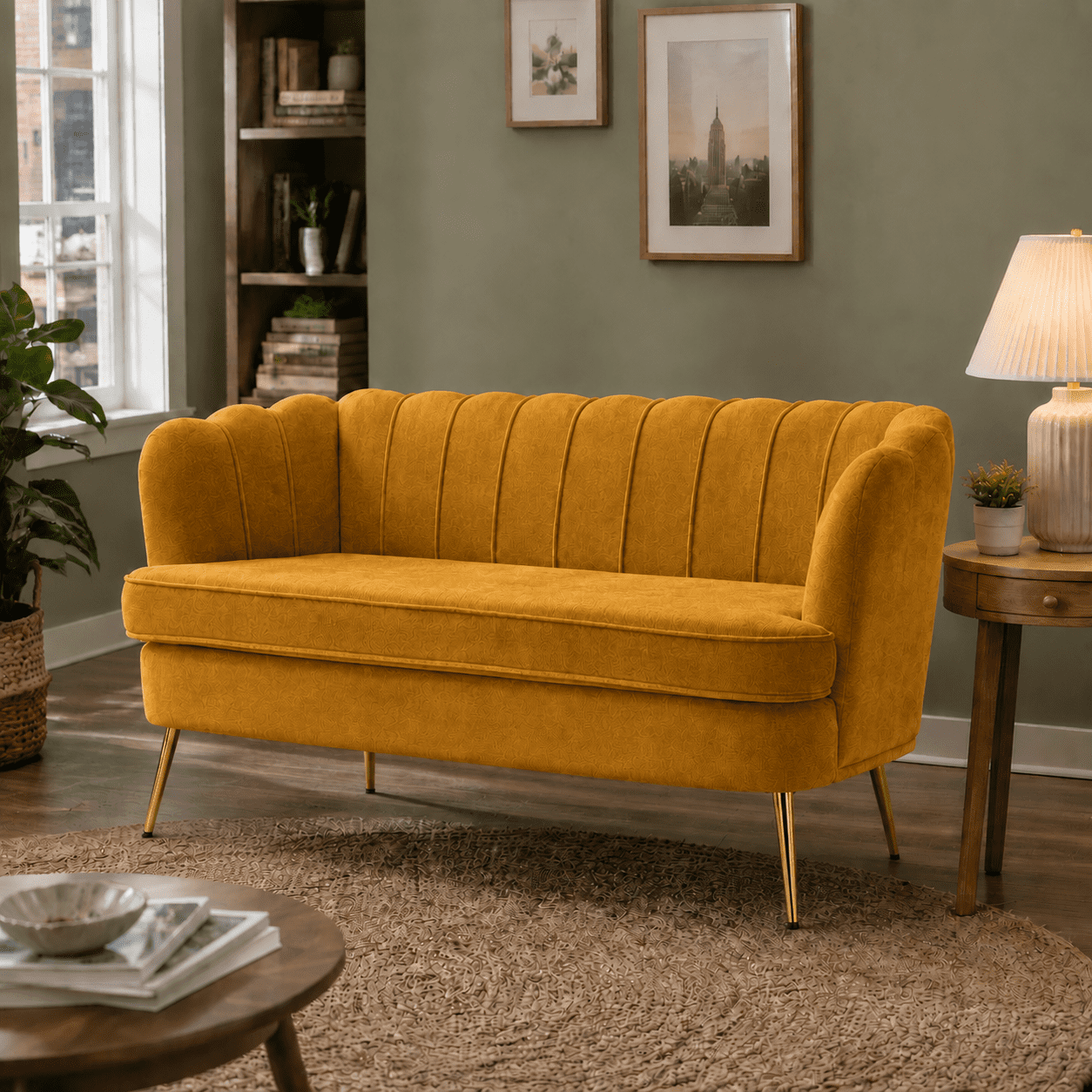 MOONMISS Chenille 2-Seater Loveseat with Gold Legs,Scallop-Tufted Curved-Back Sofa for the Living Room or Bedroom,Yellow