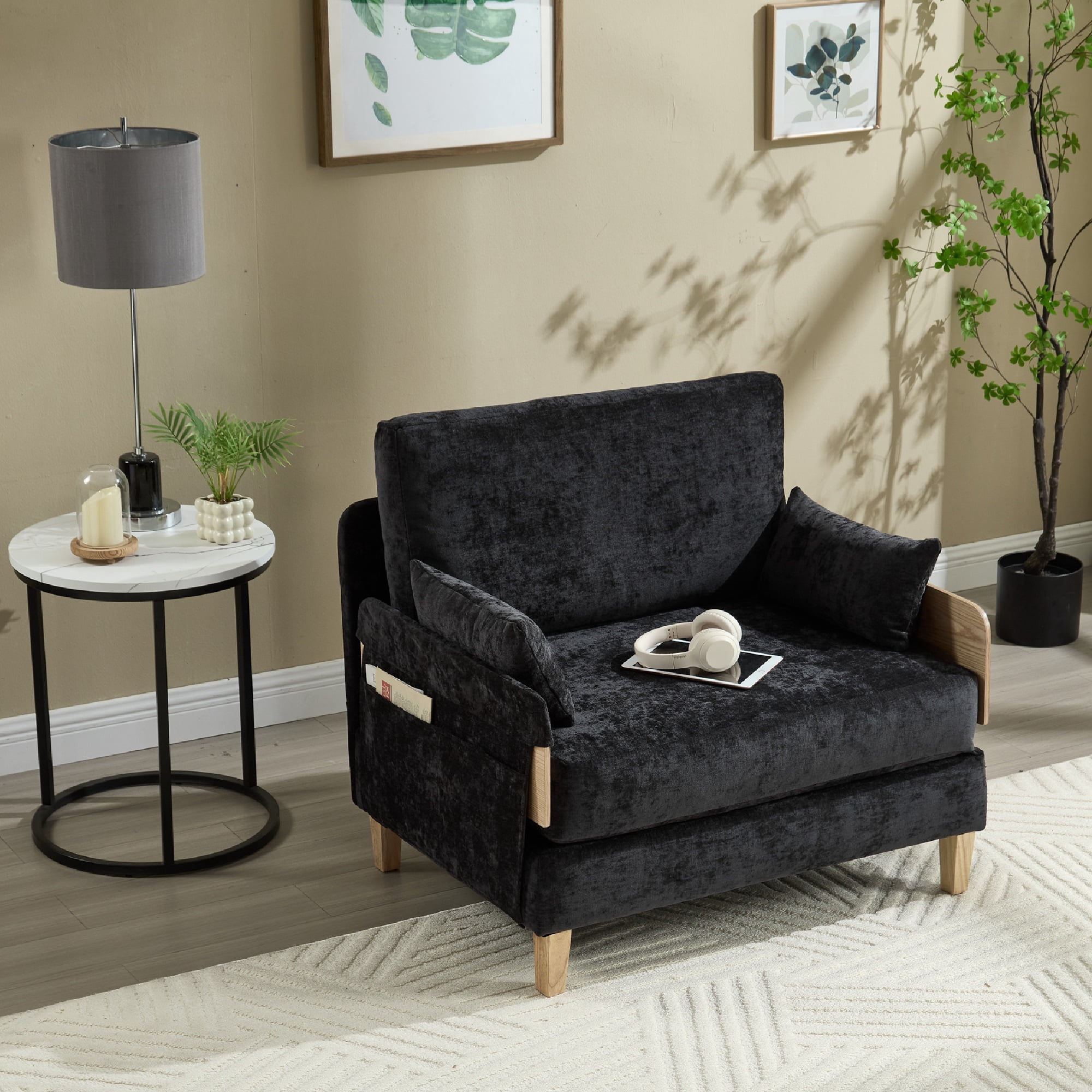 MOONMISS Chenille 3-in-1 Convertible Sleeper Foldable Sofa Bed Recliner Chair with 3 Pillows,Black