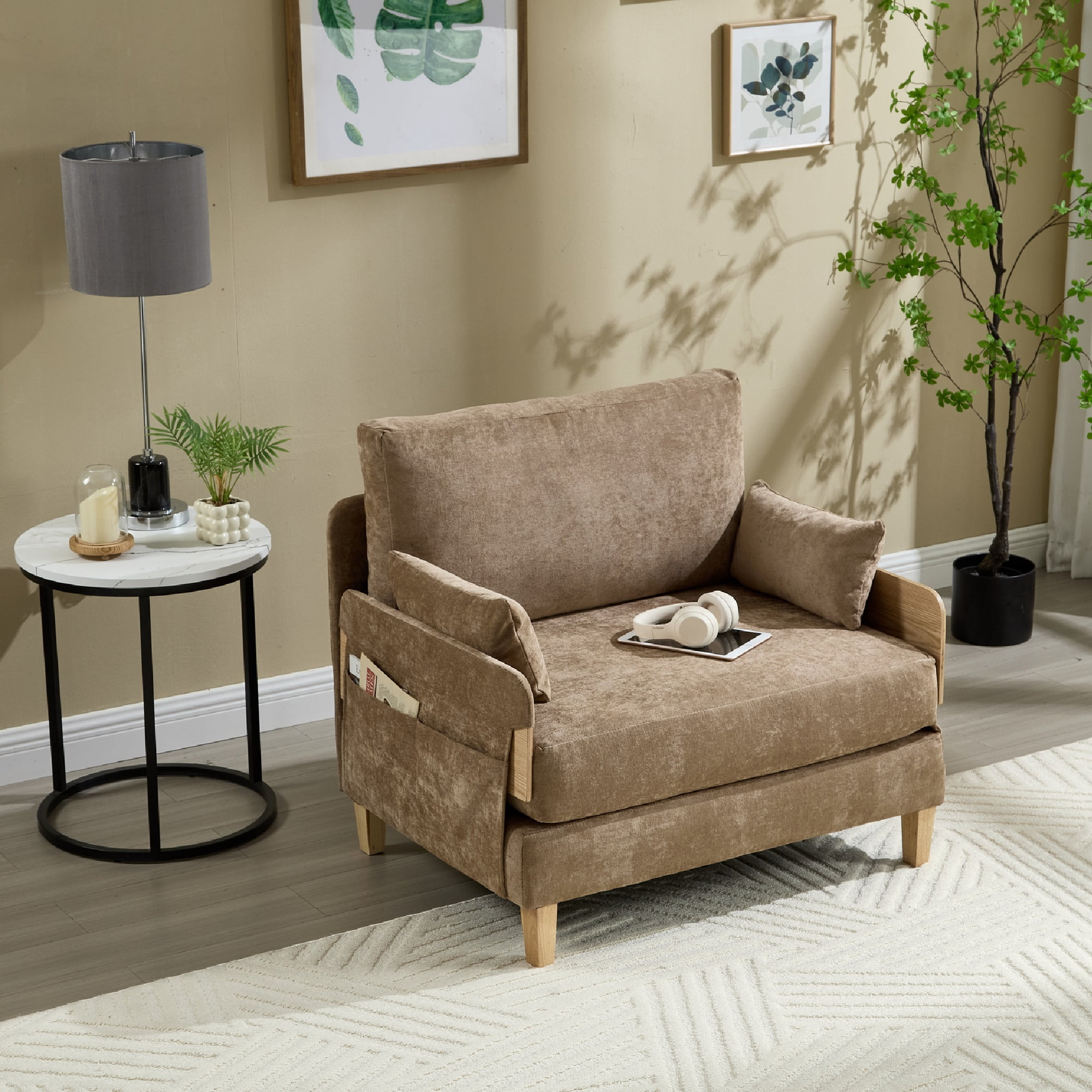 MOONMISS Chenille 3-in-1 Convertible Sleeper Foldable Sofa Bed Recliner Chair with 3 Pillows,Light Brown