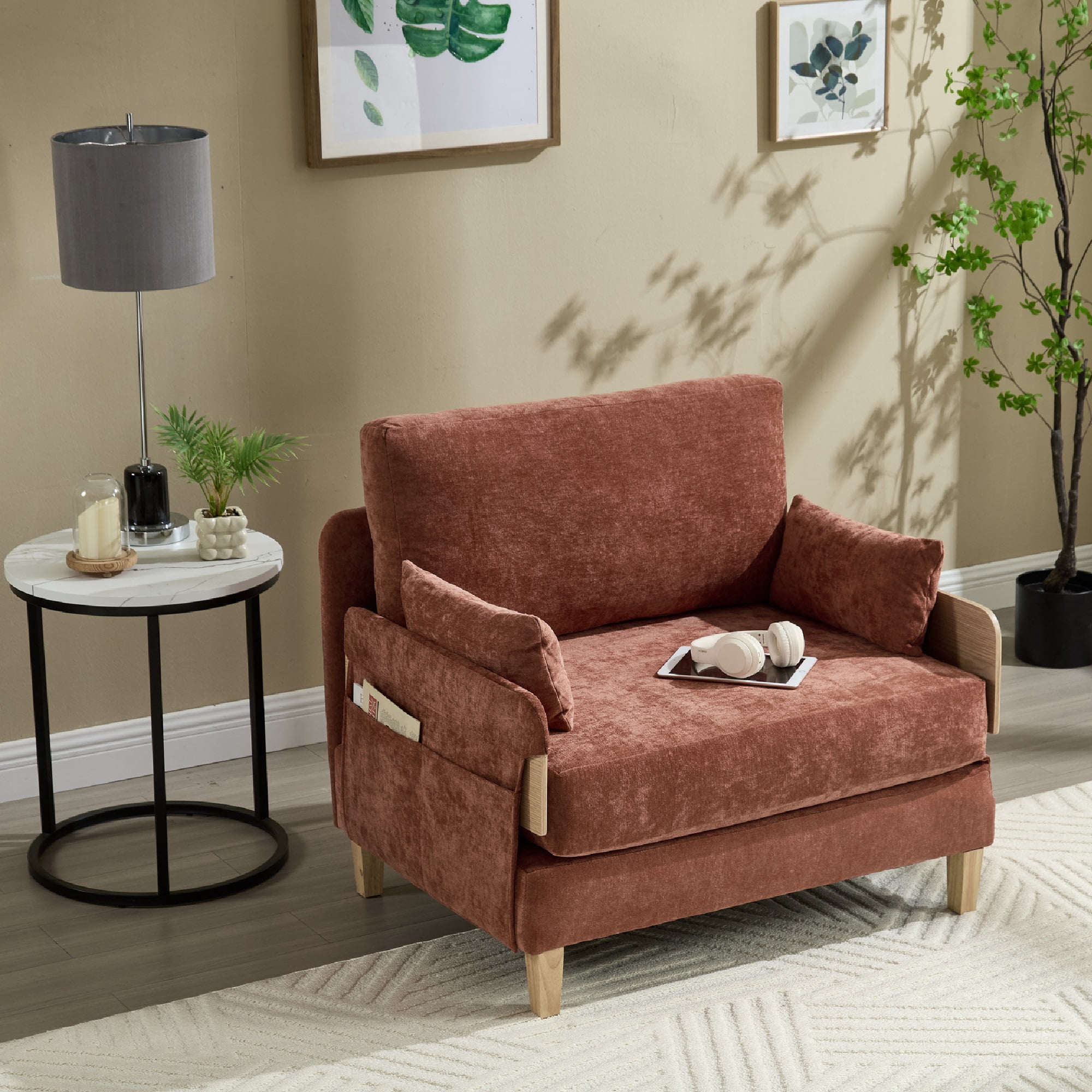 MOONMISS Chenille 3-in-1 Convertible Sleeper Foldable Sofa Bed Recliner Chair with 3 Pillows,Orange