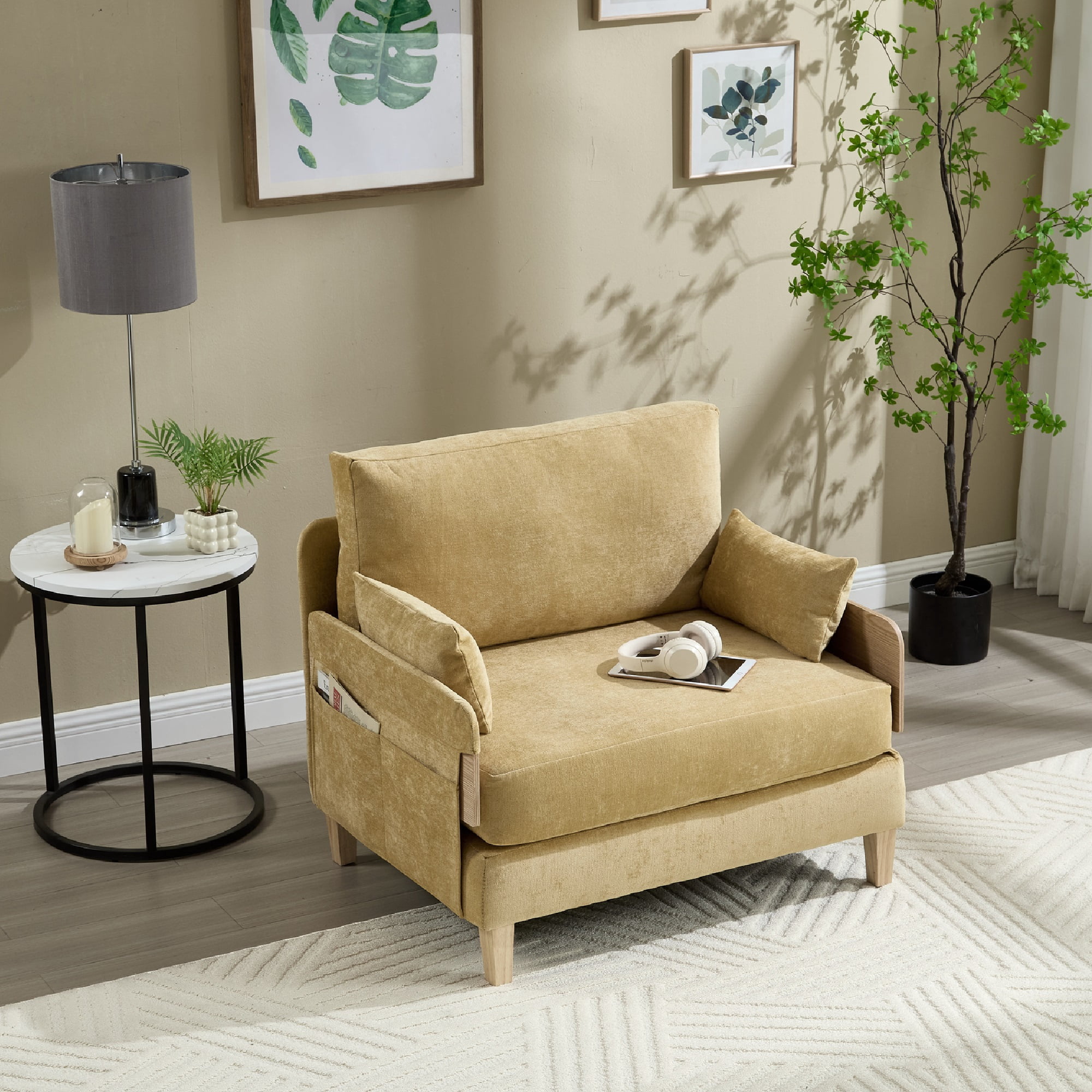 MOONMISS Chenille 3-in-1 Convertible Sleeper Foldable Sofa Bed Recliner Chair with 3 Pillows,Yellow
