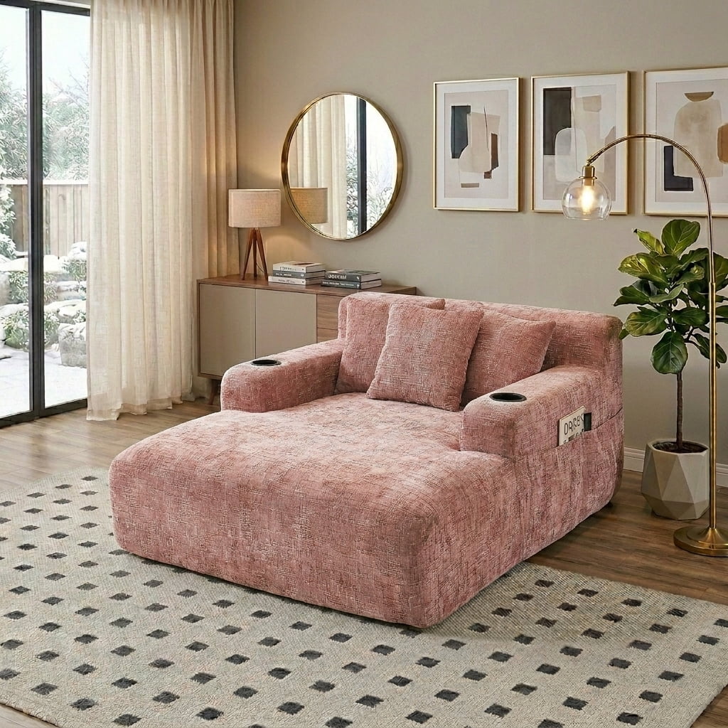 MOONMISS Chenille Chaise Lounge Chair Indoor, Single Sleeper Sofa Chair with Pillows & Cup Holders, Comfy Compression Sofa Bed for Living Room, Bedroom