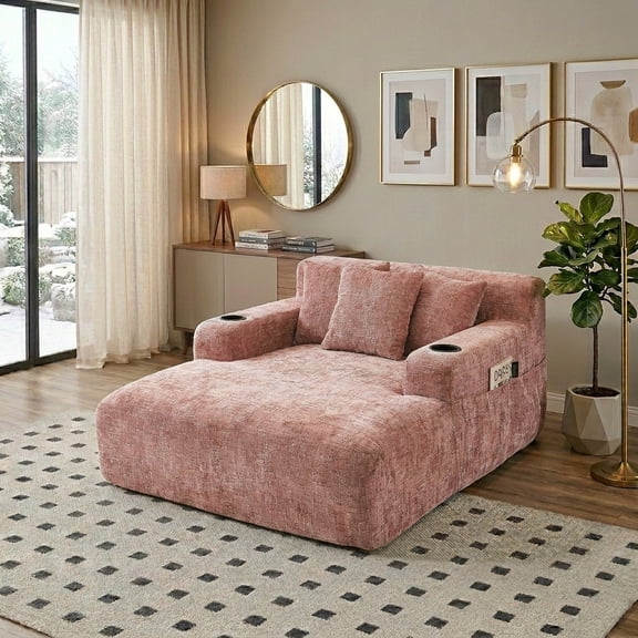 MOONMISS Chenille Chaise Lounge Chair Indoor, Single Sleeper Sofa Chair with Pillows & Cup Holders, Comfy Compression Sofa Bed for Living Room, Bedroom
