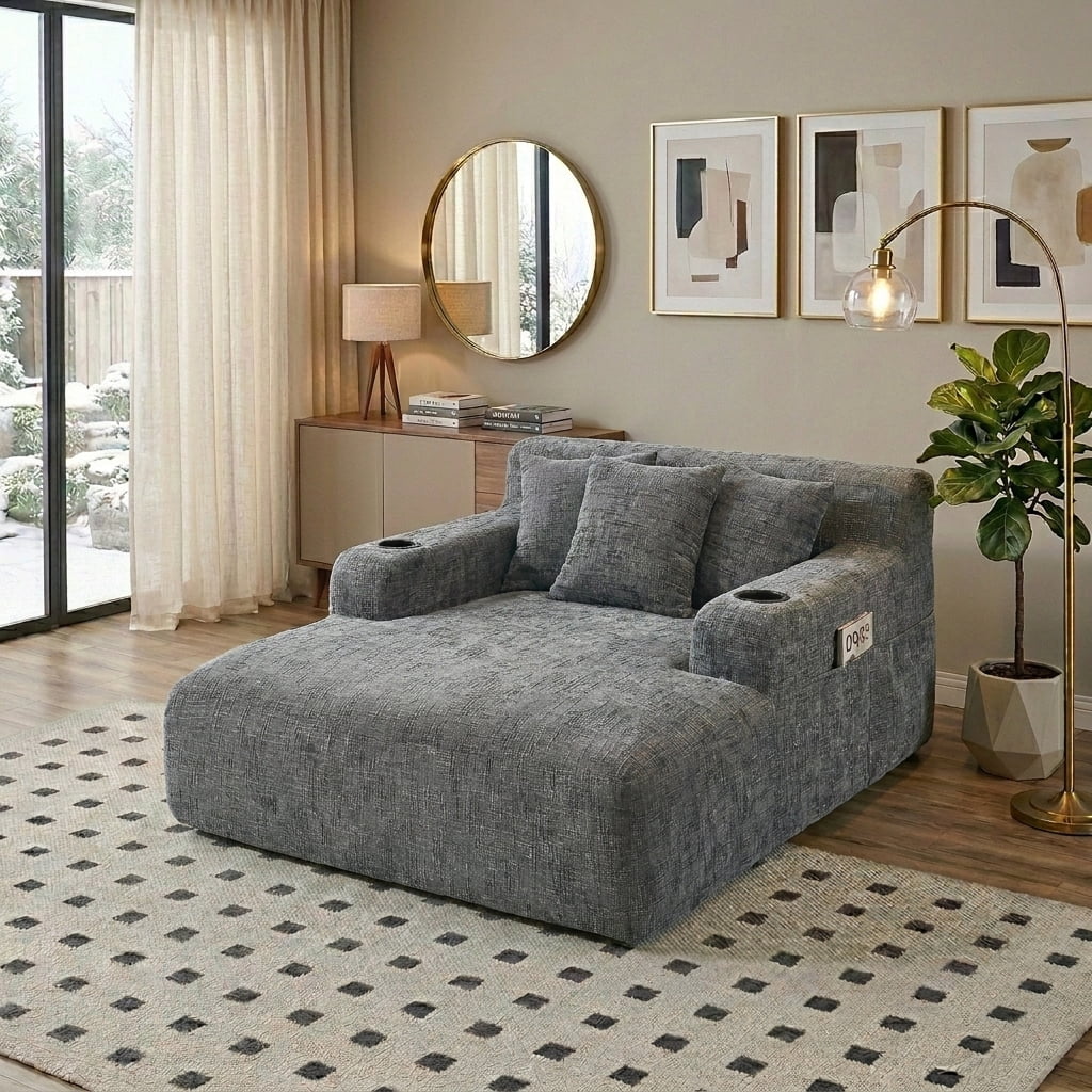 MOONMISS Chenille Chaise Lounge Chair Indoor, Single Sleeper Sofa Chair with Pillows & Cup Holders, Comfy Compression Sofa Bed for Living Room, Bedroom