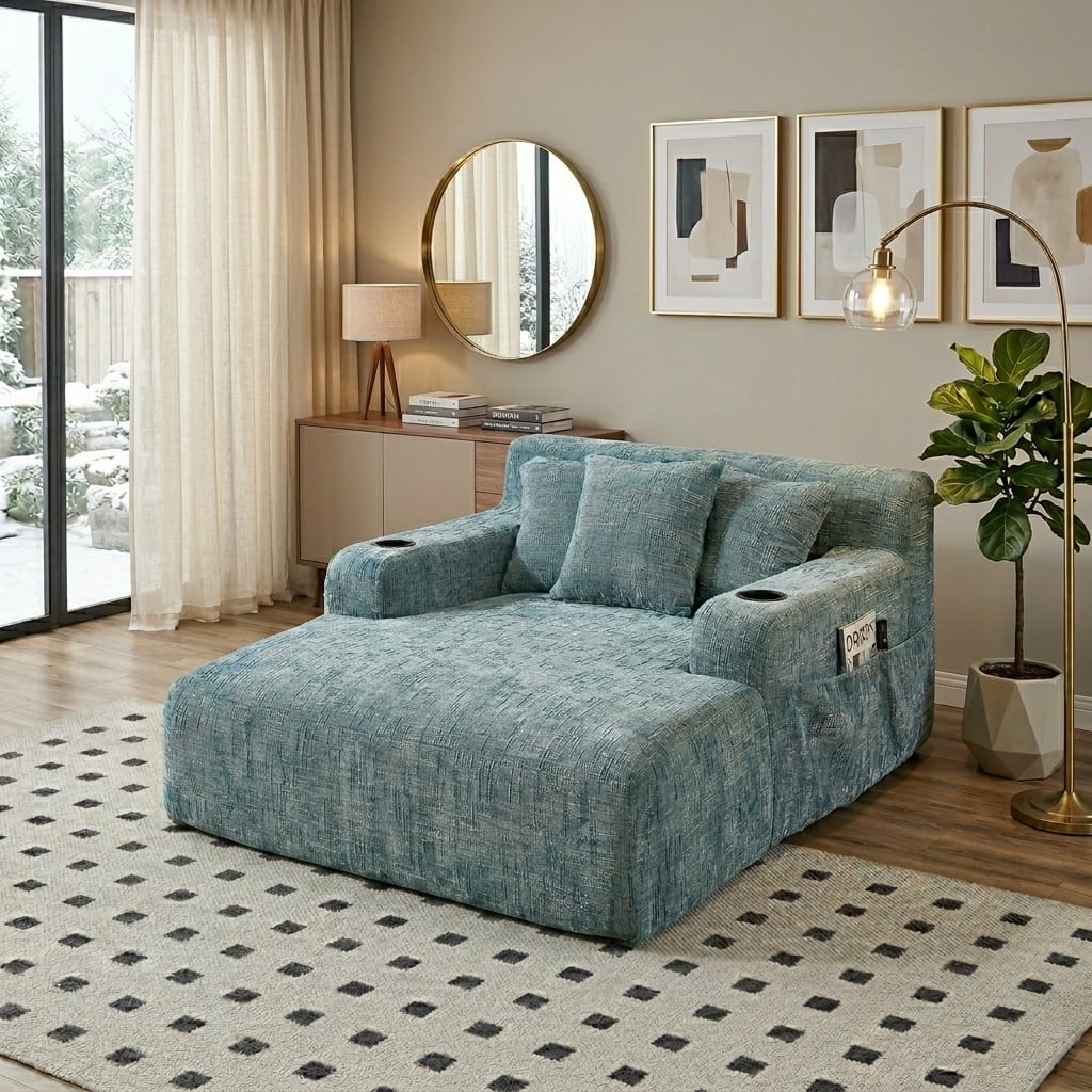 MOONMISS Chenille Chaise Lounge Chair Indoor, Single Sleeper Sofa Chair with Pillows & Cup Holders, Comfy Compression Sofa Bed for Living Room, Bedroom