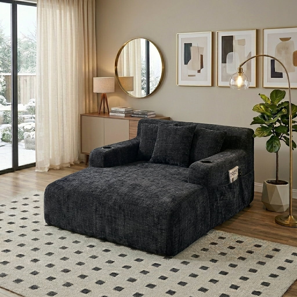 MOONMISS Chenille Chaise Lounge Chair Indoor, Single Sleeper Sofa Chair with Pillows & Cup Holders, Comfy Compression Sofa Bed for Living Room, Bedroom