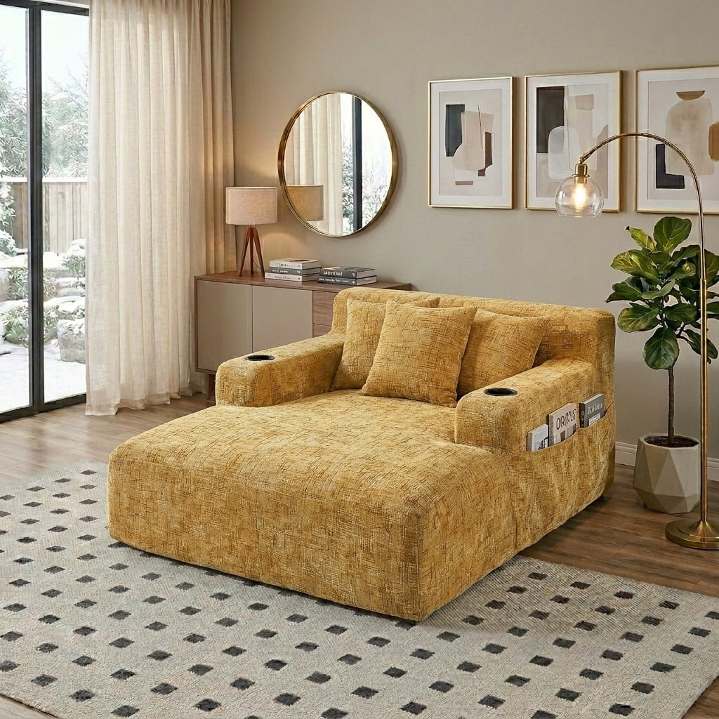 MOONMISS Chenille Chaise Lounge Chair Indoor, Single Sleeper Sofa Chair with Pillows & Cup Holders, Comfy Compression Sofa Bed for Living Room, Bedroom