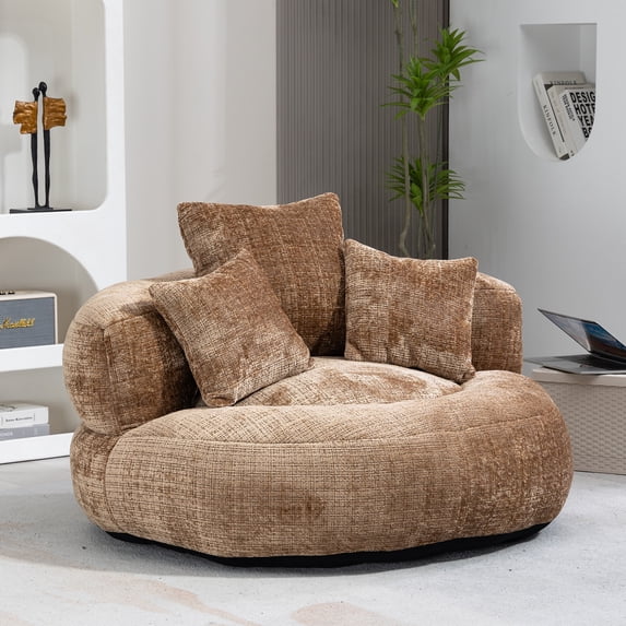 MOONMISS Chenille Upholstered Durable Comfort Lounger Bean Bag Lazy Sofa with Three Pillows-Coffee