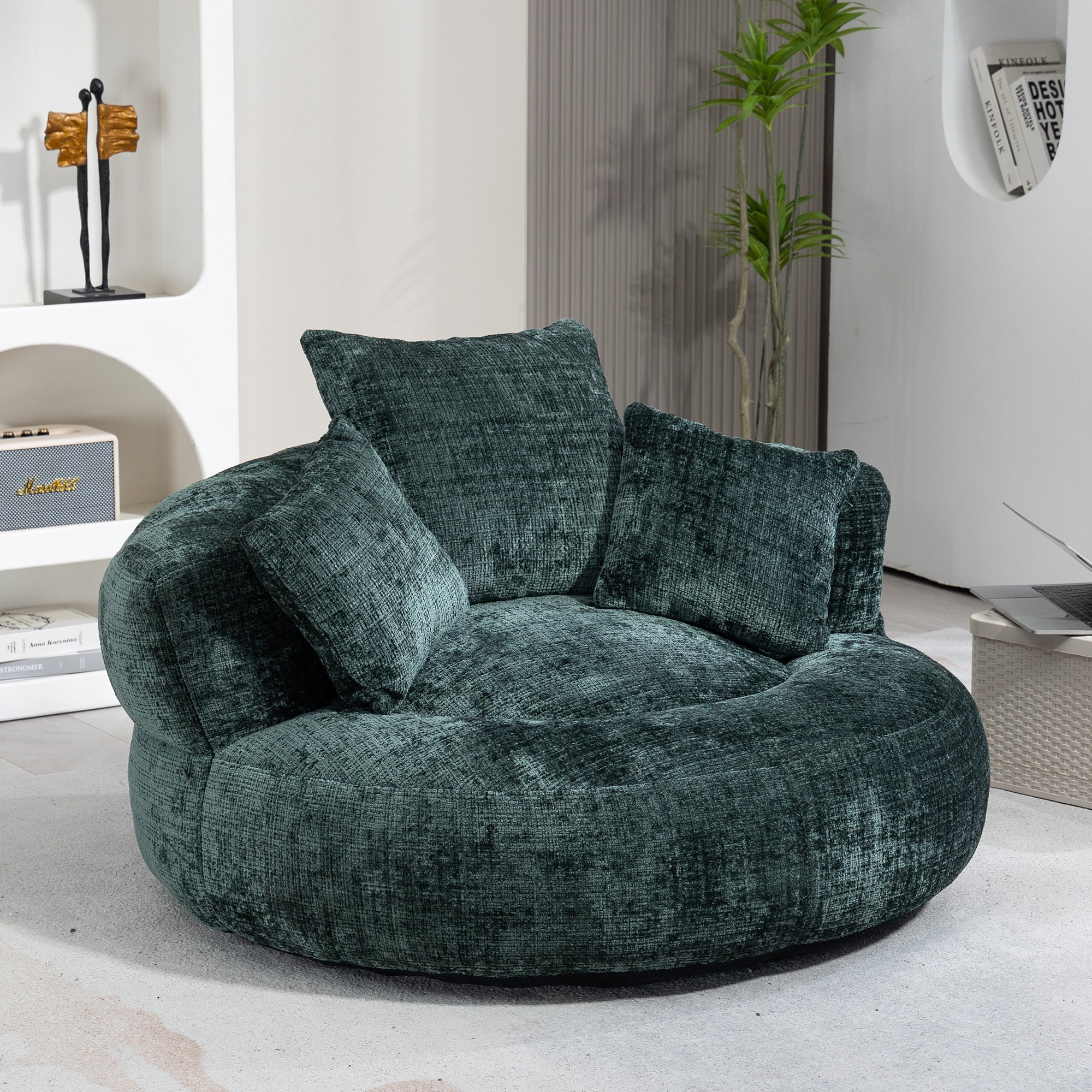 MOONMISS Chenille Upholstered Durable Comfort Lounger Bean Bag Lazy Sofa with Three Pillows-Emerald