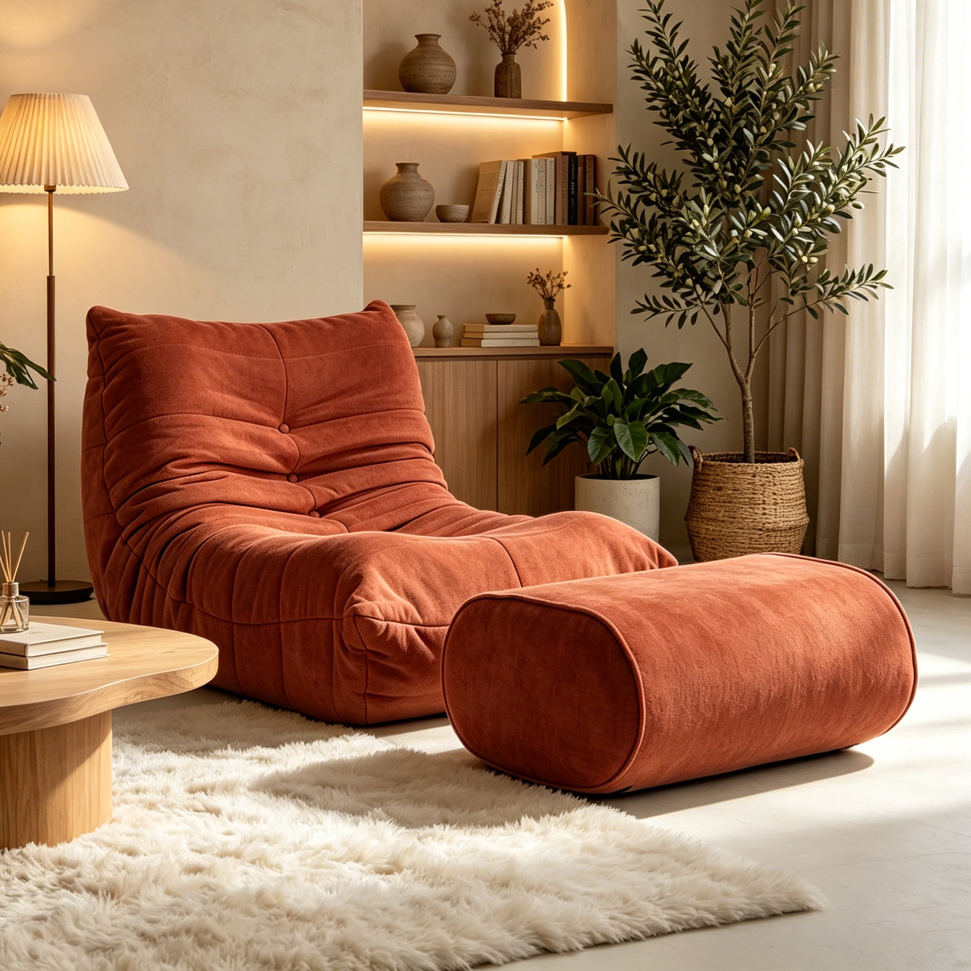 MOONMISS Chenille Fabric Chaise Lounge Chair with Ottoman, Ergonomic Lazy Sofa for Adults, Soft Cloud Couch for Living Room, Bedroom, Orange