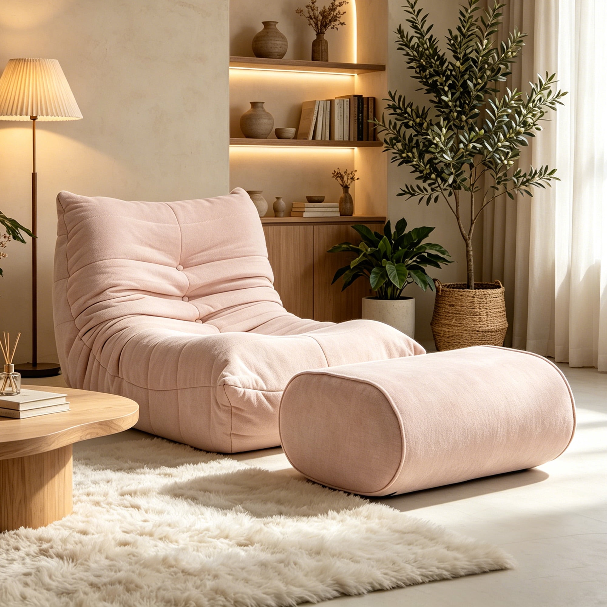 MOONMISS Chenille Fabric Chaise Lounge Chair with Ottoman, Ergonomic Lazy Sofa for Adults, Soft Cloud Couch for Living Room, Bedroom, Pink