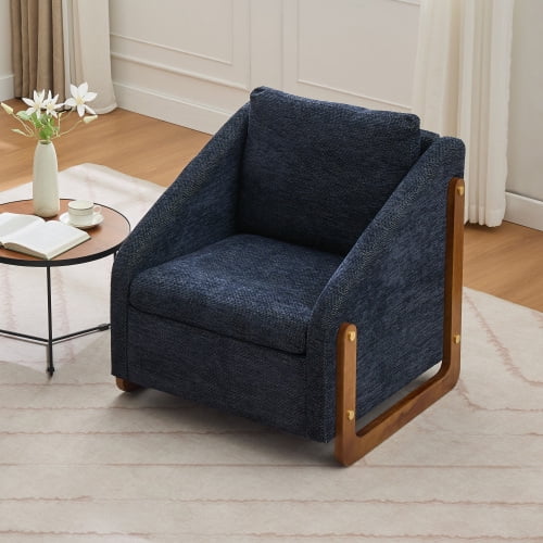 MOONMISS Chenille Fabric Modern Upholstered Armchair With Wooden Side Frame , Accent Leisure Chair With Cushioned Seat And Backrest For Living Room, Bedroom,Blue