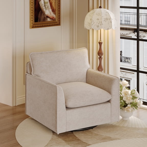 MOONMISS Chenille Swivel Accent Chair,Single Square Sofa Armchairs,Upholstered Club Chairs for Living Room,Beige