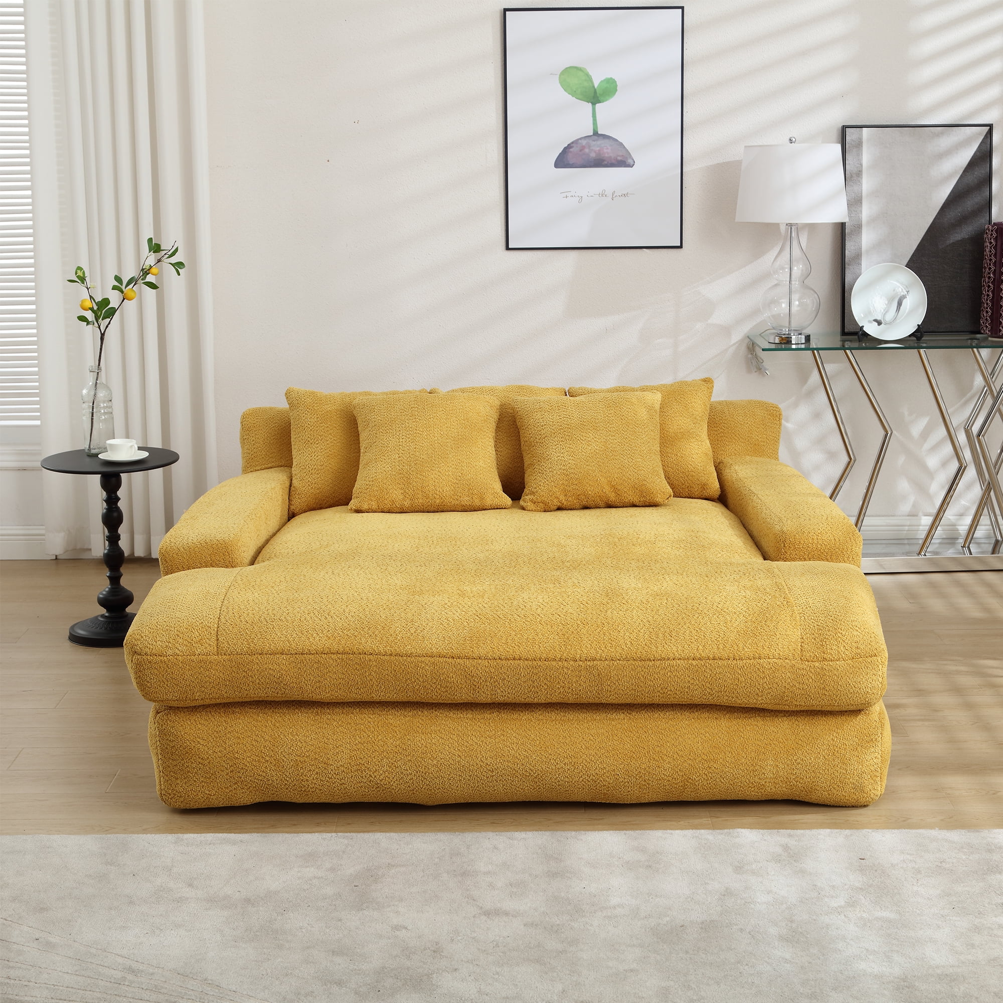 MOONMISS Chenille Upholstered 2-seater Deep Seat Lazy Sofa Bed with 5 Back Pillows-Yellow