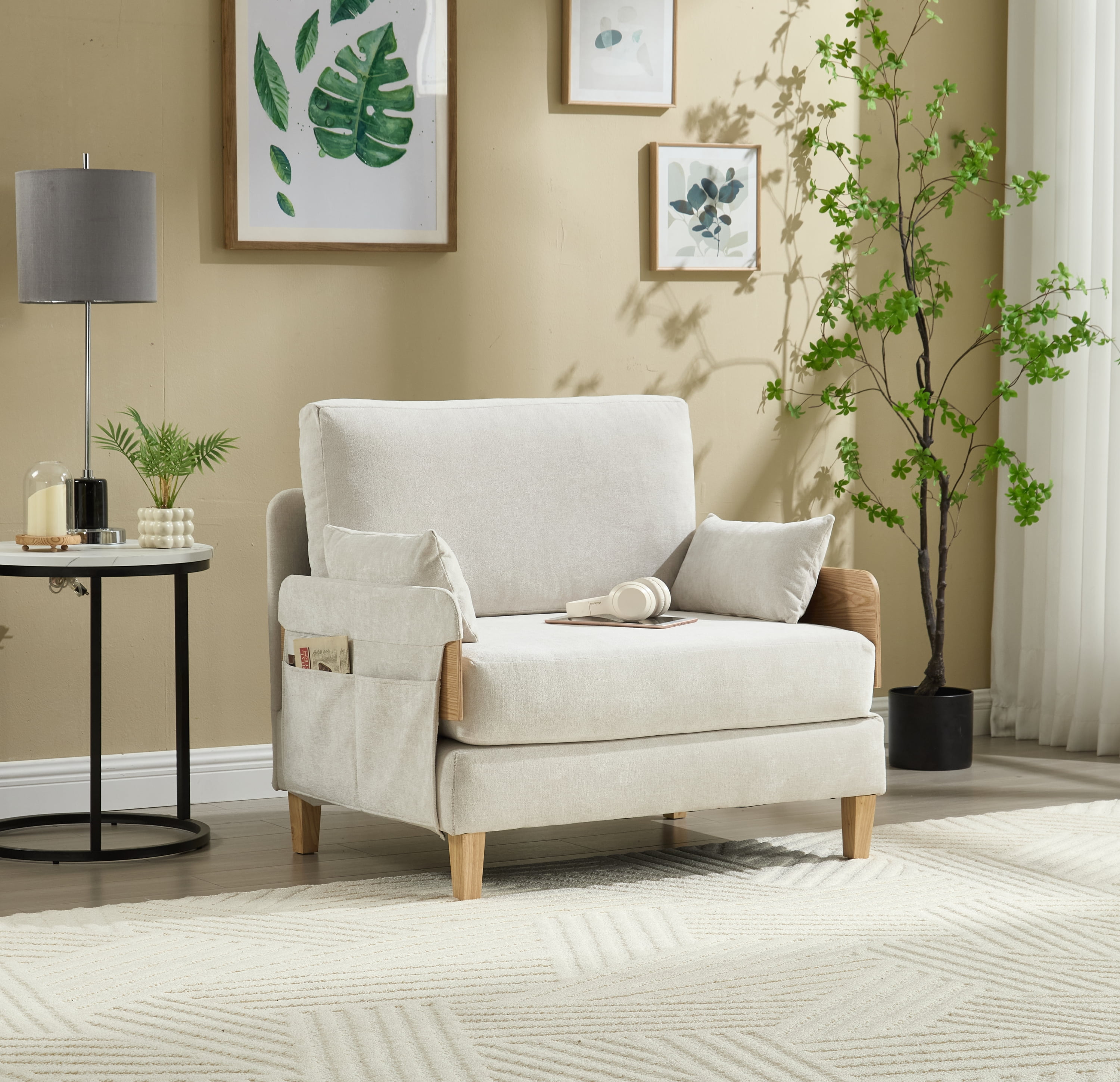 MOONMISS Chenille Upholstered 3-in-1 Convertible Sleeper Foldable Sofa Bed Recliner Chair with 3 Pillows-Beige