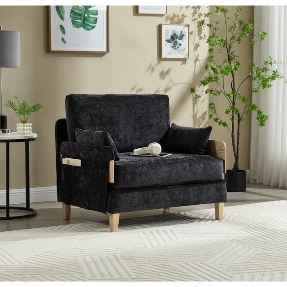MOONMISS Chenille Upholstered 3-in-1 Convertible Sleeper Foldable Sofa Bed Recliner Chair with 3 Pillows-Black