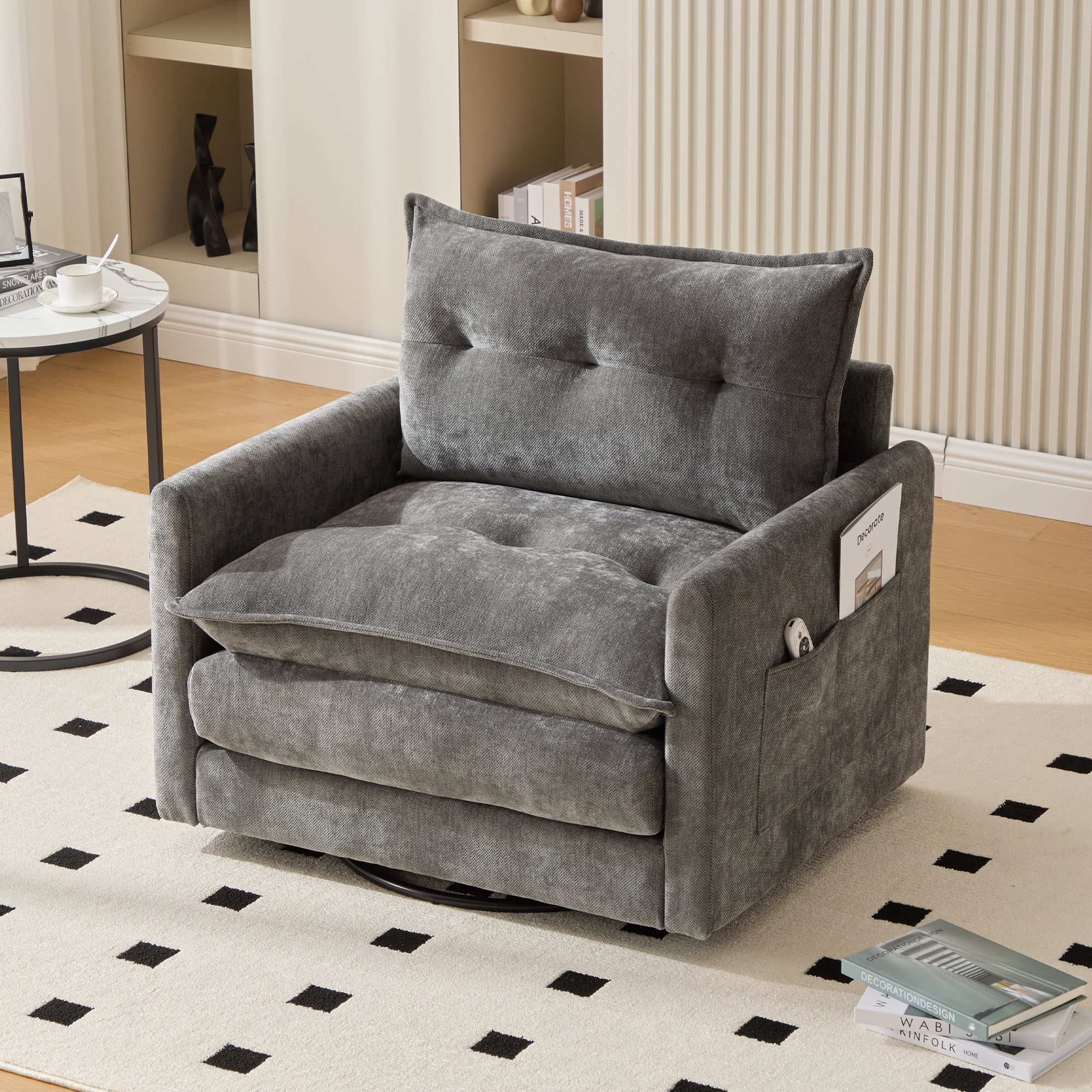 MOONMISS Chenille Upholstered 360°Degree Swivel Mid Century Modern Arm Chair for Living Room-Gray