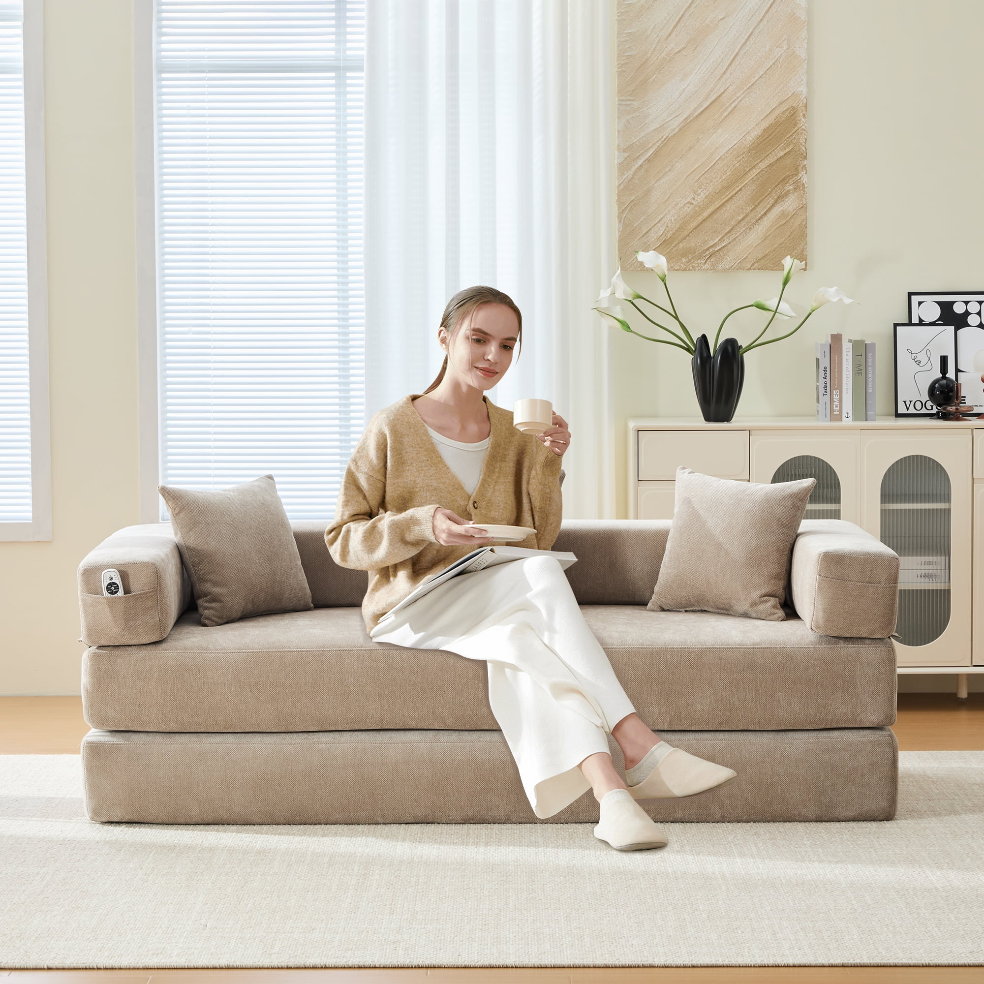 MOONMISS Chenille Upholstered Convertible Foldable Memory Foam Sleeper Sofa with Pillows for Living Room-Coffee