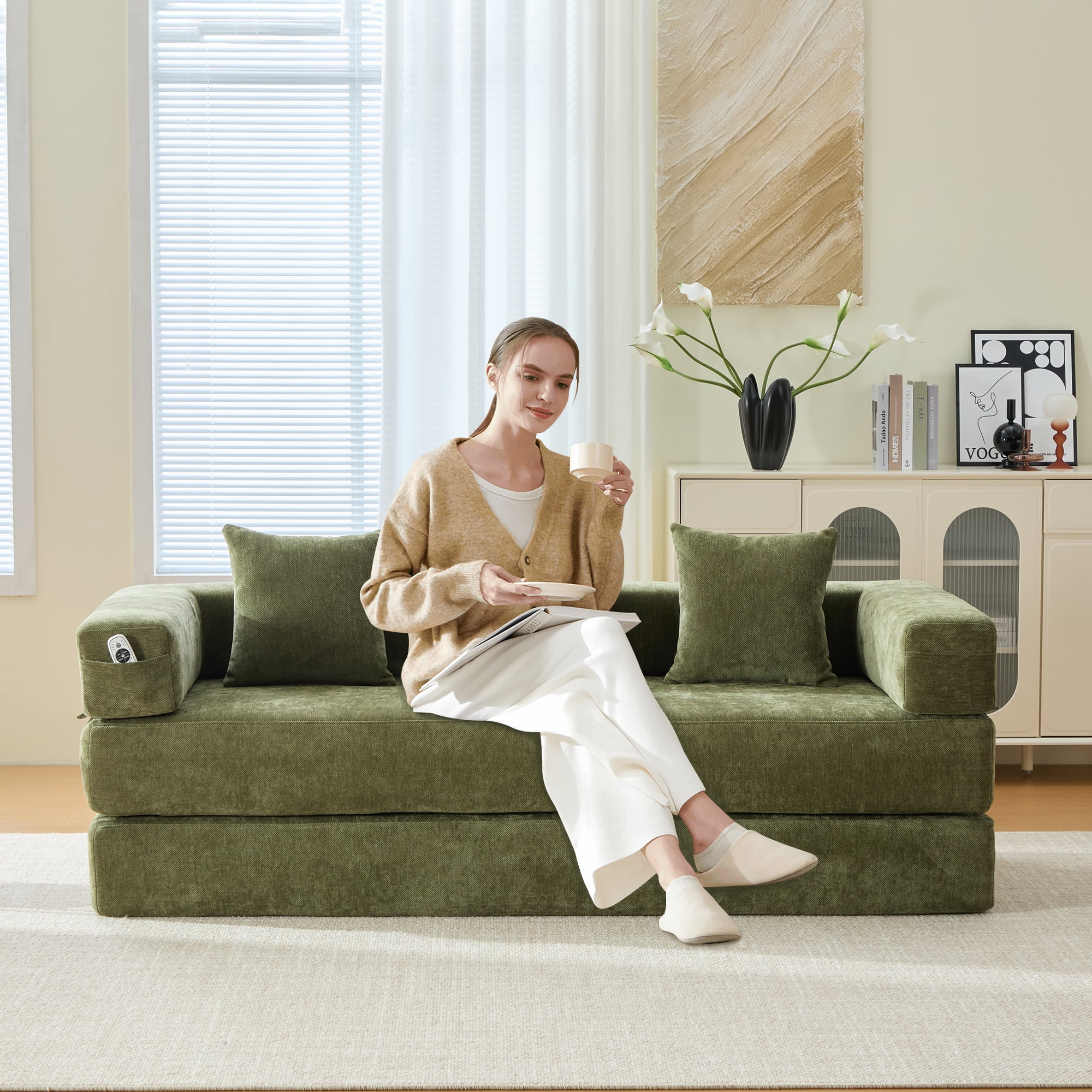 MOONMISS Chenille Upholstered Convertible Foldable Memory Foam Sleeper Sofa with Pillows for Living Room-Green